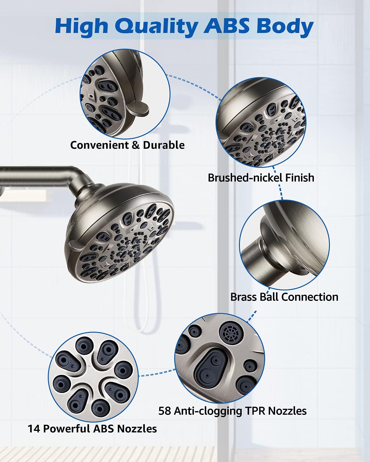 High Pressure Shower Head VMASSTONE 4.7" Rain Fixed Showerhead 7-Spray Setting with Adjustable Brass Swivel Ball Joint - Excellent Replacement for Your Bath Shower Head (FM-001 Brushed Nickel)