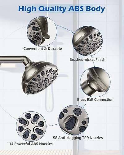 Miniatura 4 de Cabezal de ducha de alta presión fijo de 4.7 pulgadas, 7 ajustes de pulverización con junta de bola giratoria de latón ajustable, excelente