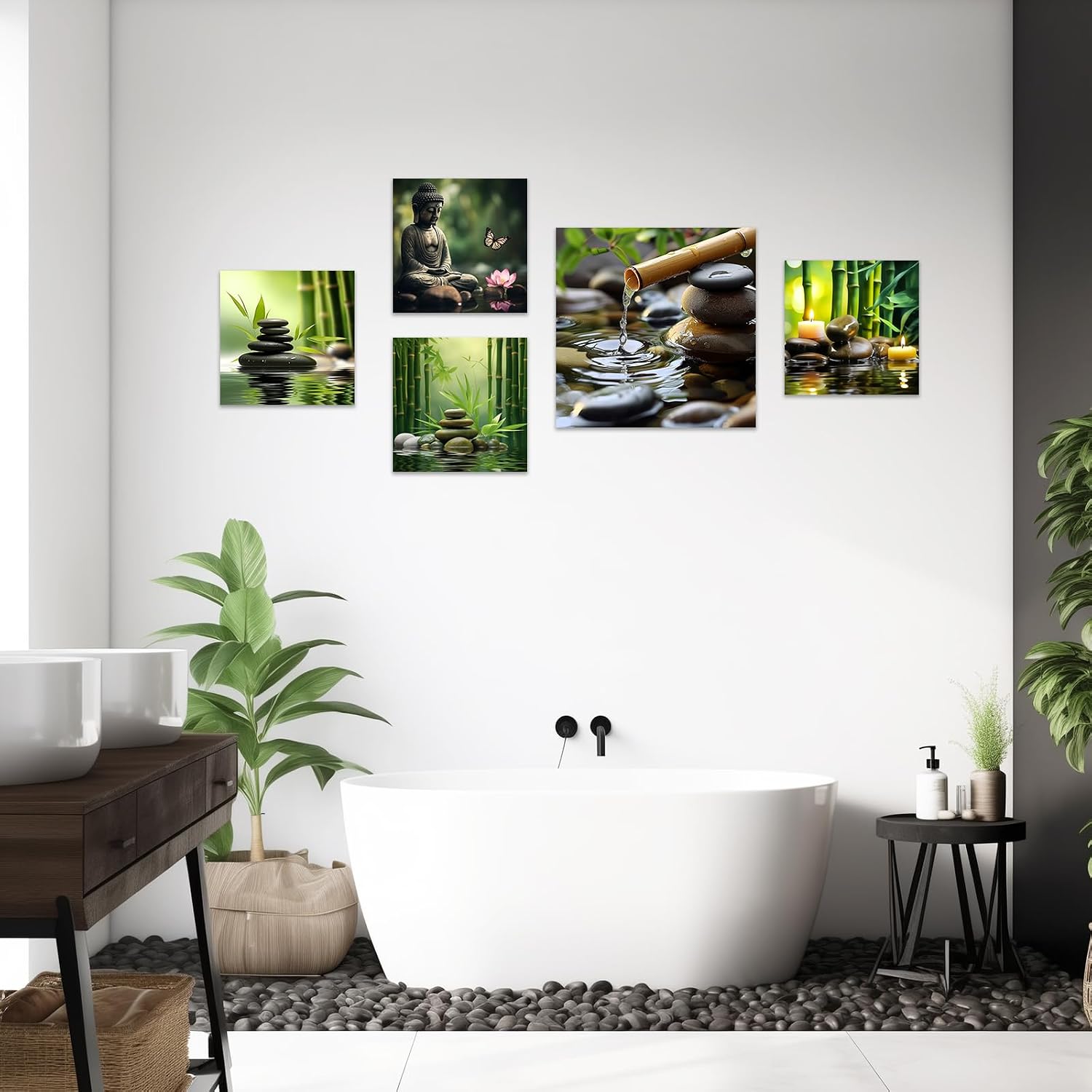ZXHYWYM Green Zen Wall Art Stone Spa Pictures Bamboo Zen Bathroom Canvas Calming Meditation Print Relaxing Spiritual Yoga Room Office Decor Framed (A, (12.00"x12.00"))