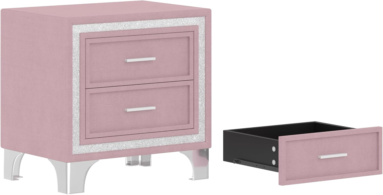 Harper & Bright Designs 3-Piece Queen Bedroom Set, Upholstered Platform Bed with LED Lights and 2 Nightstands, Modern Pink Bedroom Furniture