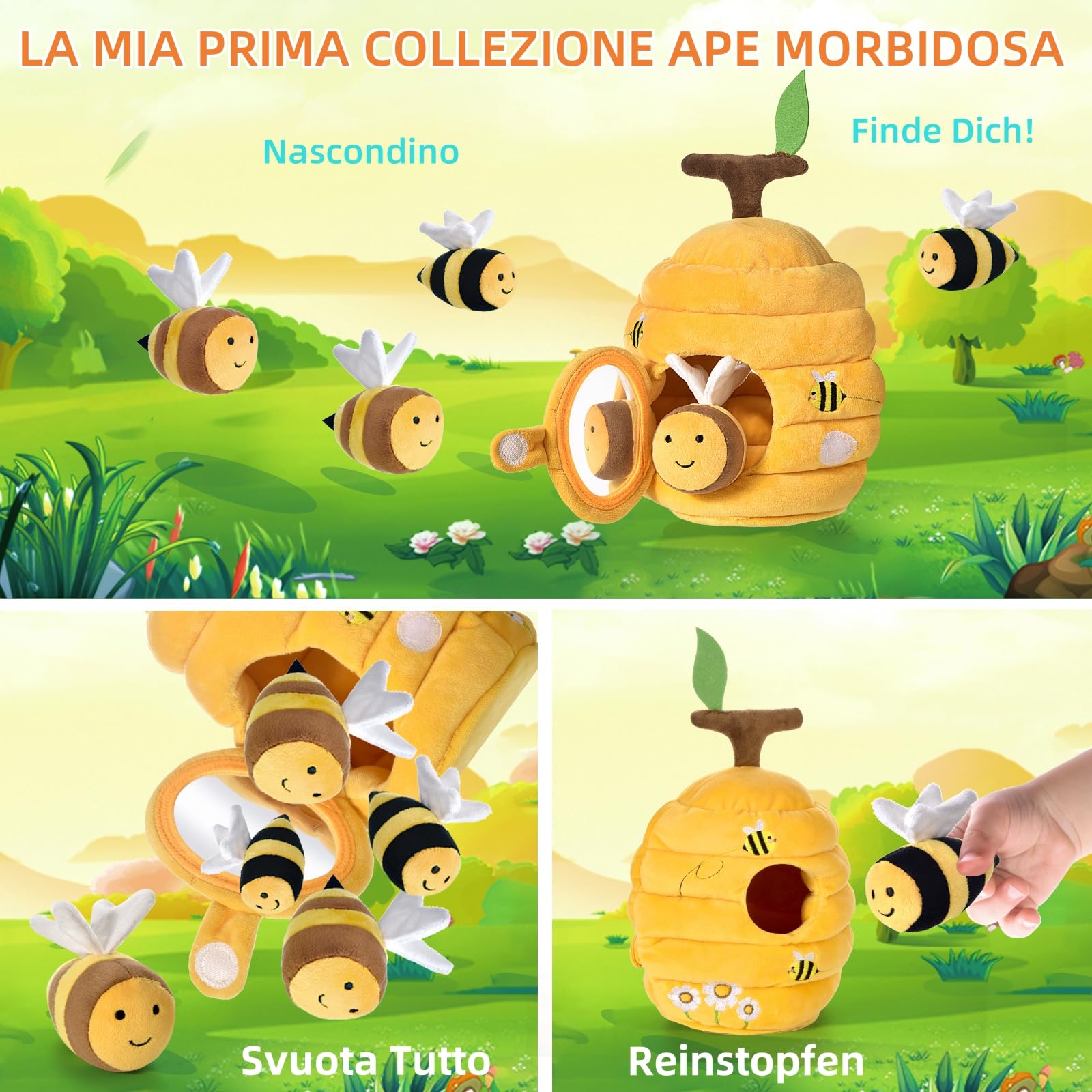 VORENUS Giochi Neonato 6-12 Mesi - Alveare Morbido con 5 Api Sonaglio/Specchio Neonati Montessori Sensoriale Educativo per Bambini 1 2 3 Anni, Regalo 6 9 12 18 Mesi Bimbo Bimba