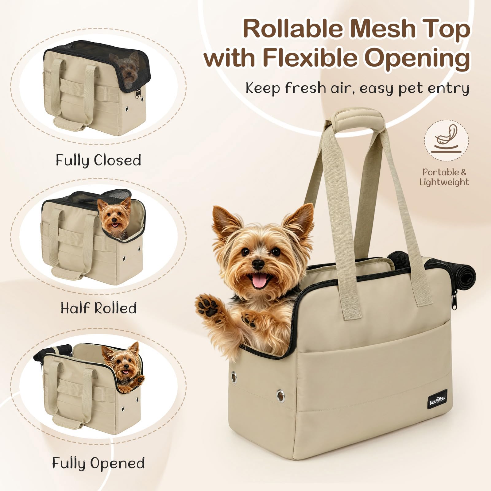 Bolso Transportín para Perros Pequeños, 15" X 11" X 7,9" Transportín De Viaje para Mascotas con Ganchos De Seguridad, Almohadilla De Apoyo Y Múltiples Bolsillos, Transportín Blando para Gatos, Khaki