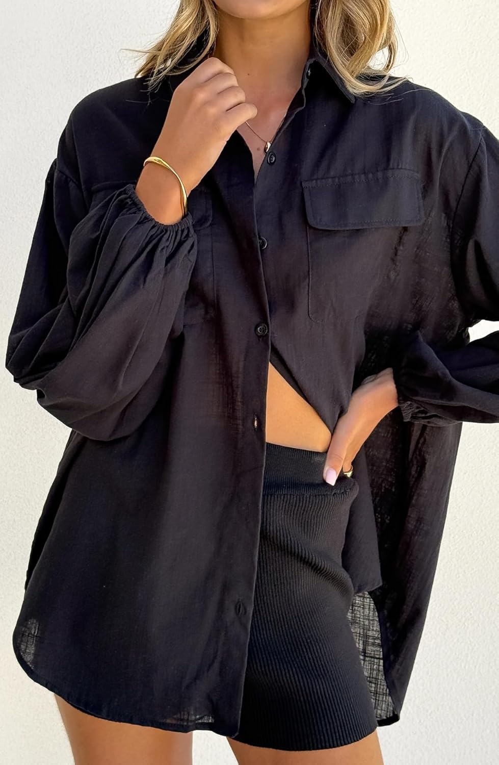 Womens Long Sleeve Linen Button Down Shirts Oversized Collared Blouses Balloon Sleeve Tunic Tops with Pockets - Image 4