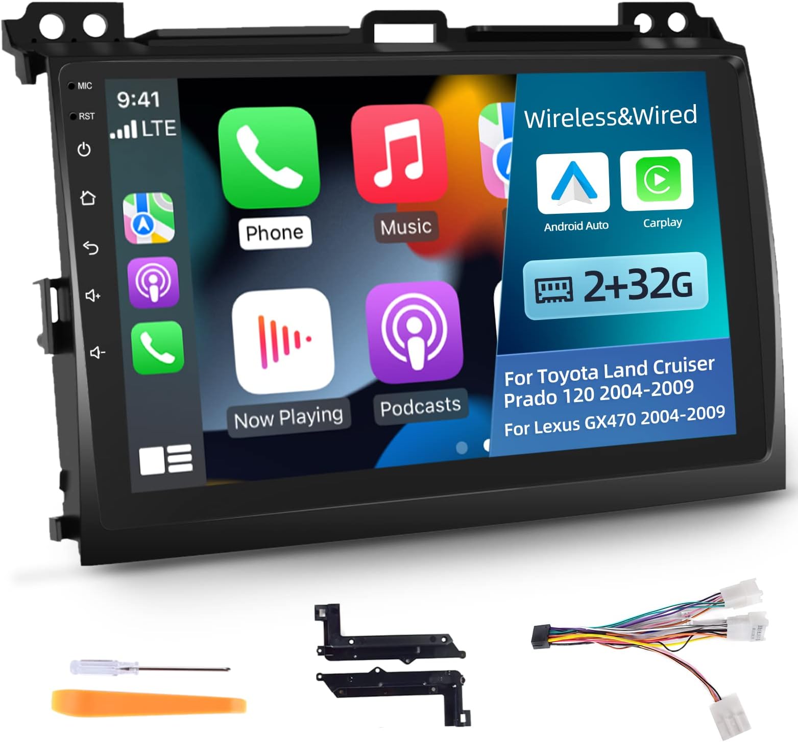 Android 11 Car Stereo for Toyota Land Cruiser Prado 120 Lexus GX470 2004-2009 with Apple Carplay and Android Auto 9 inch Touchscreen Radio Bluetooth GPS WiFi SWC Hi-Fi Audio [2+32G]