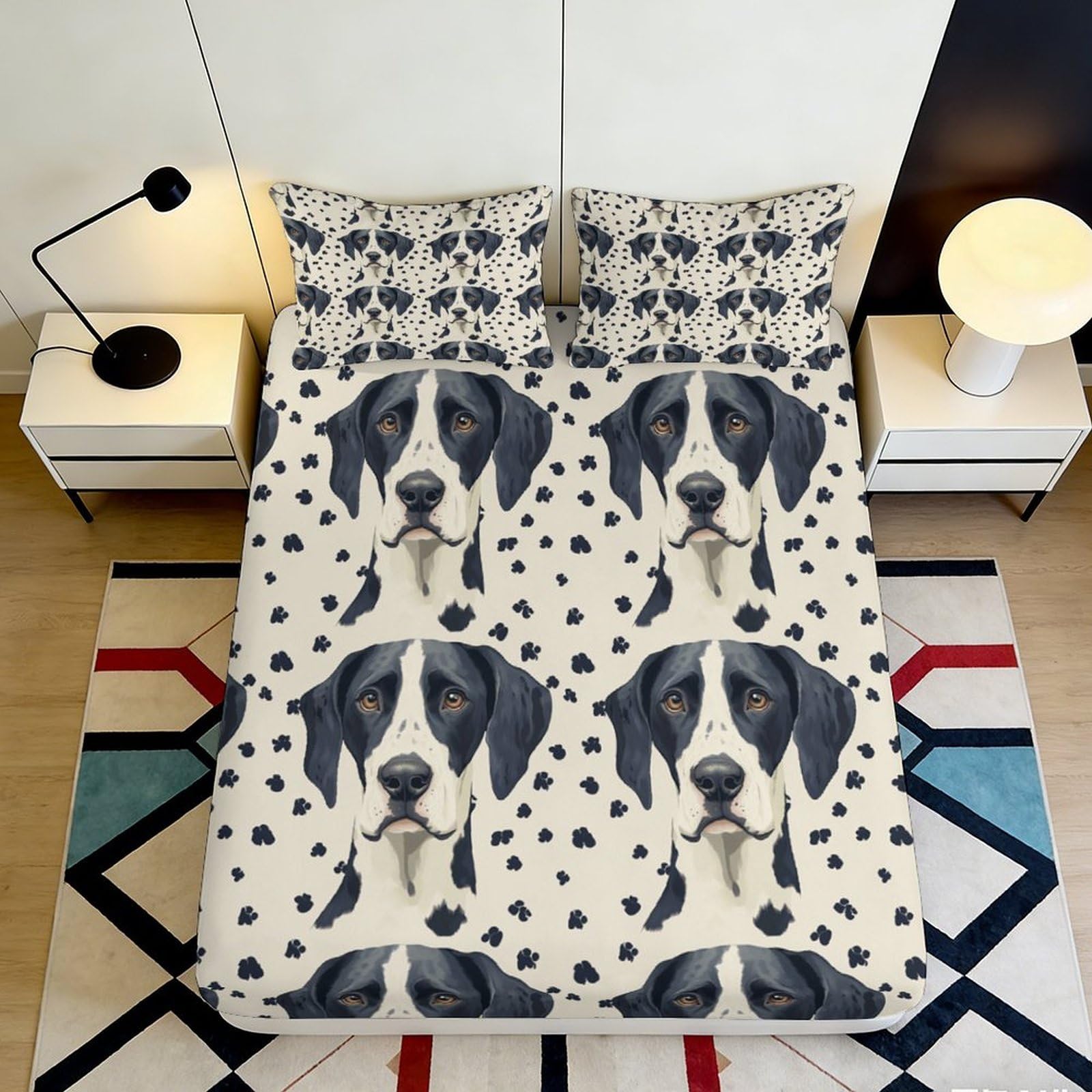 3D Printed Dog Portrait Fitted Sheet Microfiber Soft Breathable Paw Pattern Bed Cover for Bedroom Guest Room Decor 90x200x25cm