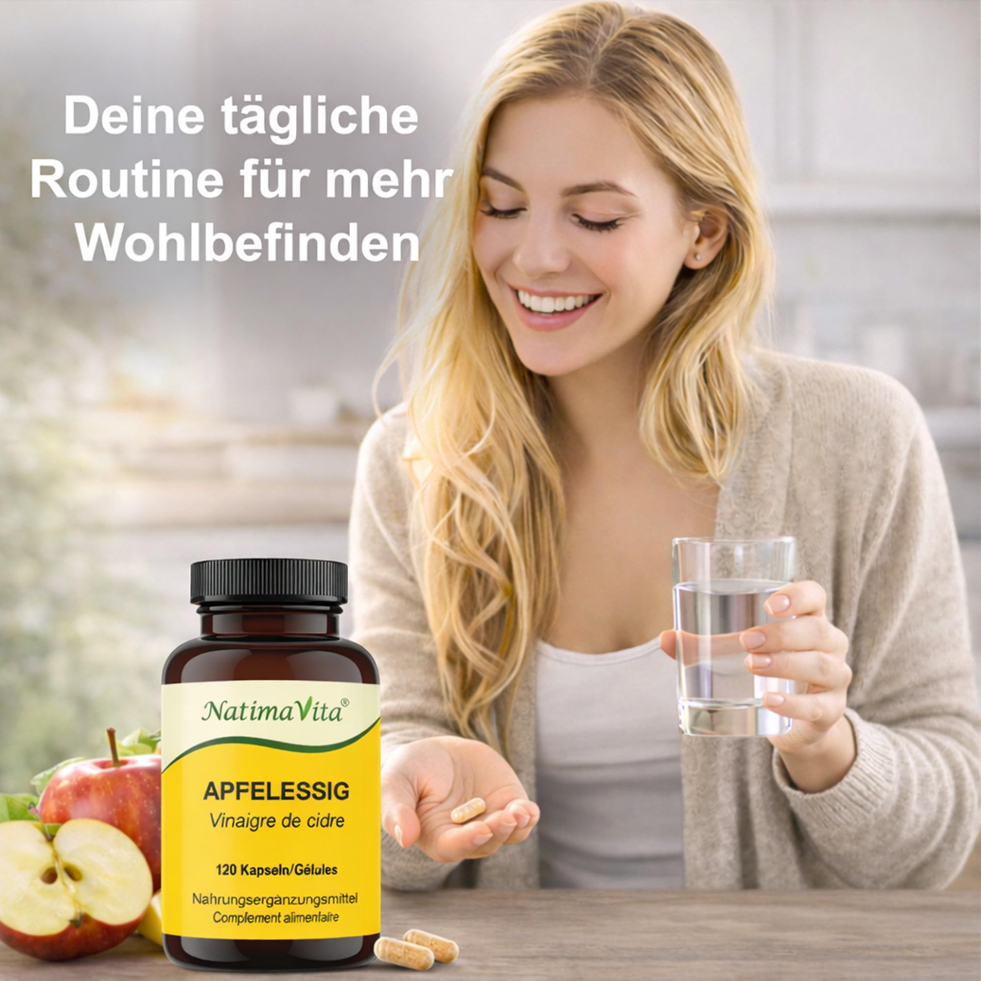 Vinaigre de cidre de pomme en gélules - 1000 mg par jour - 2 x 120 capsules vegan - Soutient le métabolisme et l’élimination - Naturel et efficace