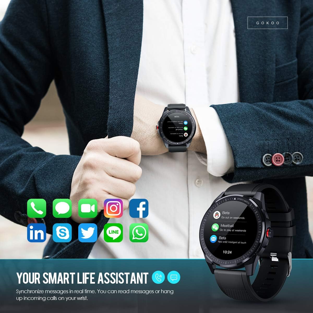 GOKOO Smart Watch on a wrist displaying notifications from various social media and messaging apps