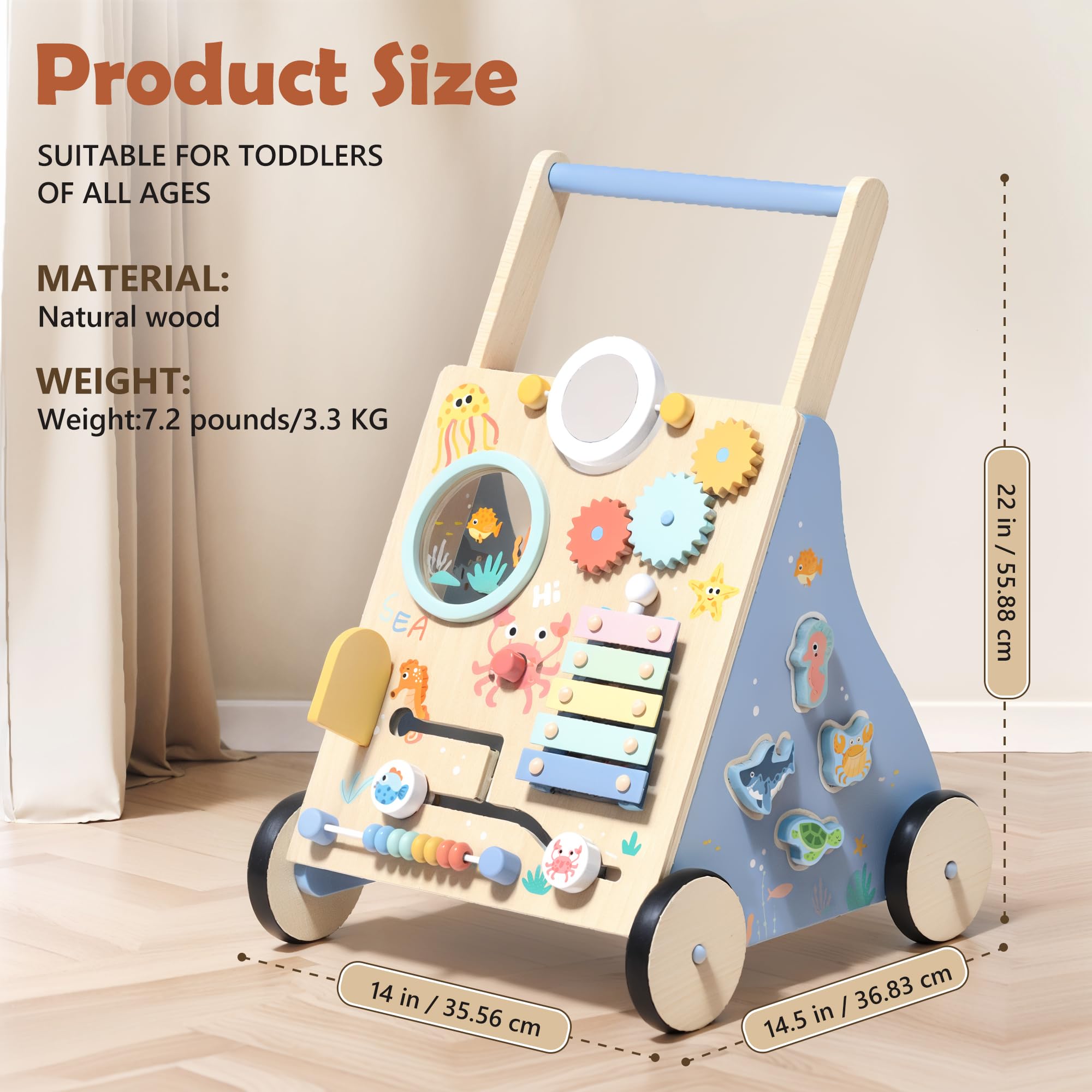 Wooden Baby Walker, Baby Push Walker with Montessori Toy for Girls Boys, Toddler Walking Toys for 18 Months of Age and Over Learning to Walk, Sit-to-Stand, Baby Activity Center for Kids Development