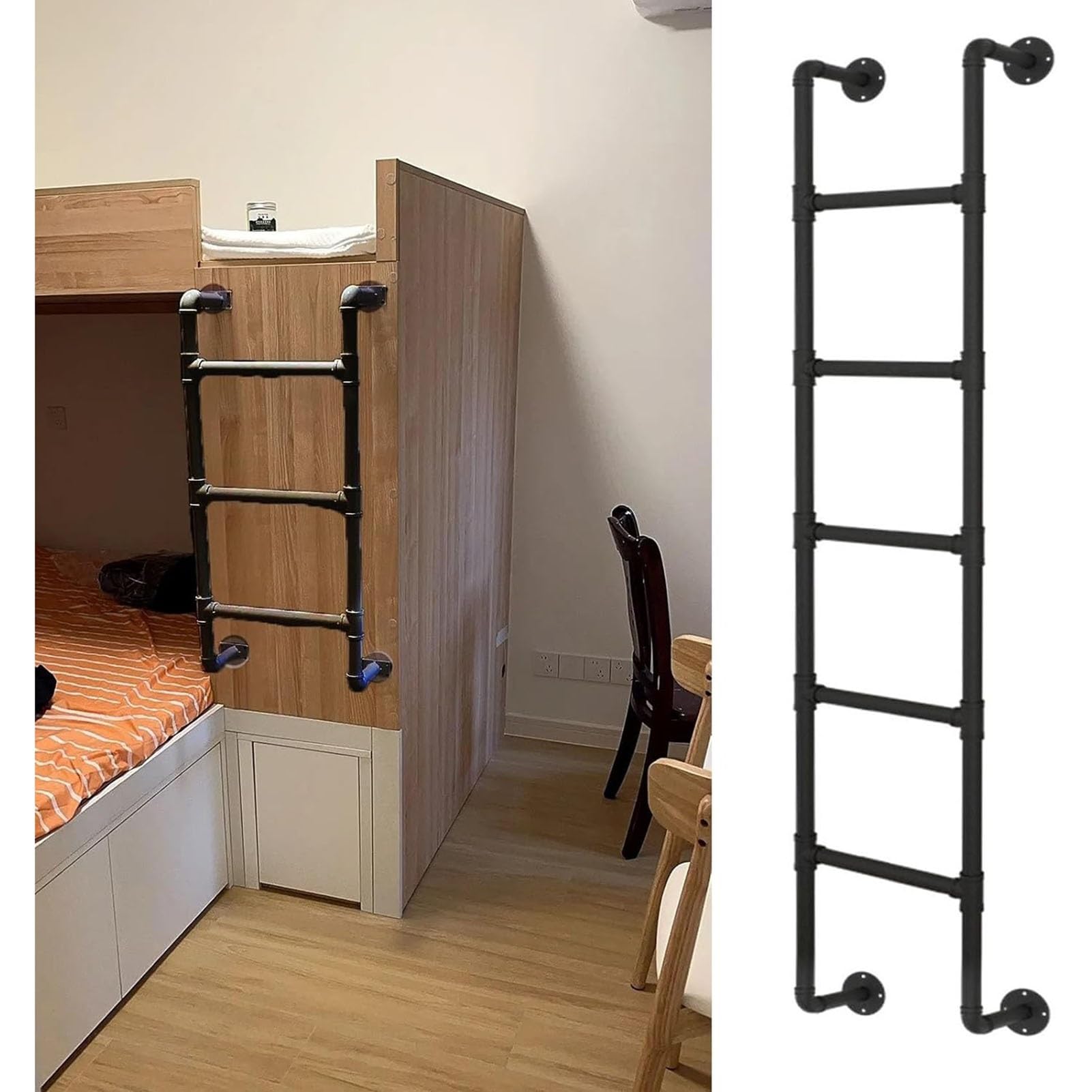 Échelle de lit mezzanine en métal noir pour fixation murale de chambre ou accès sous-sol 150 kg