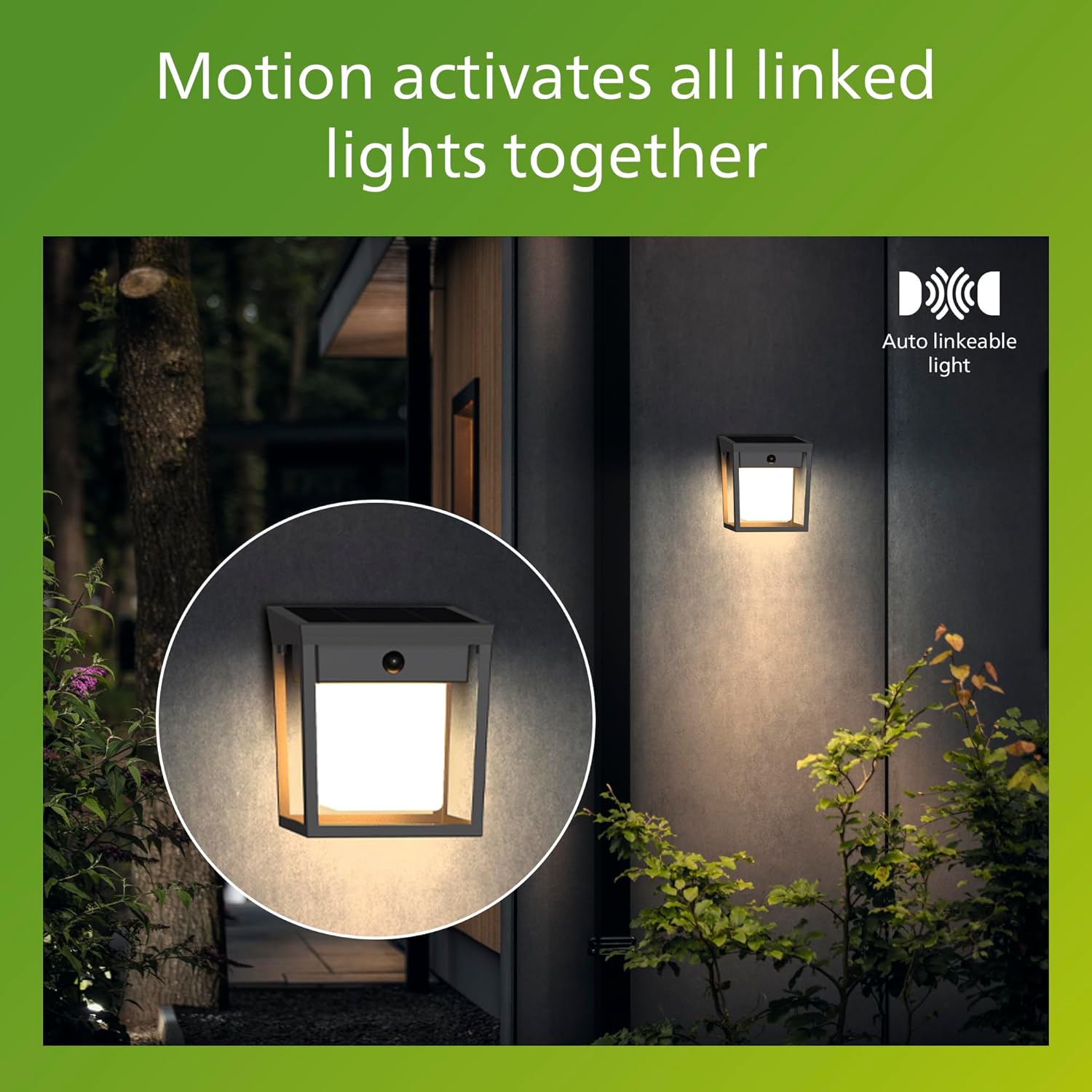 Image showing a Philips solar wall lantern activating due to motion, with a circular inset highlighting the motion sensor