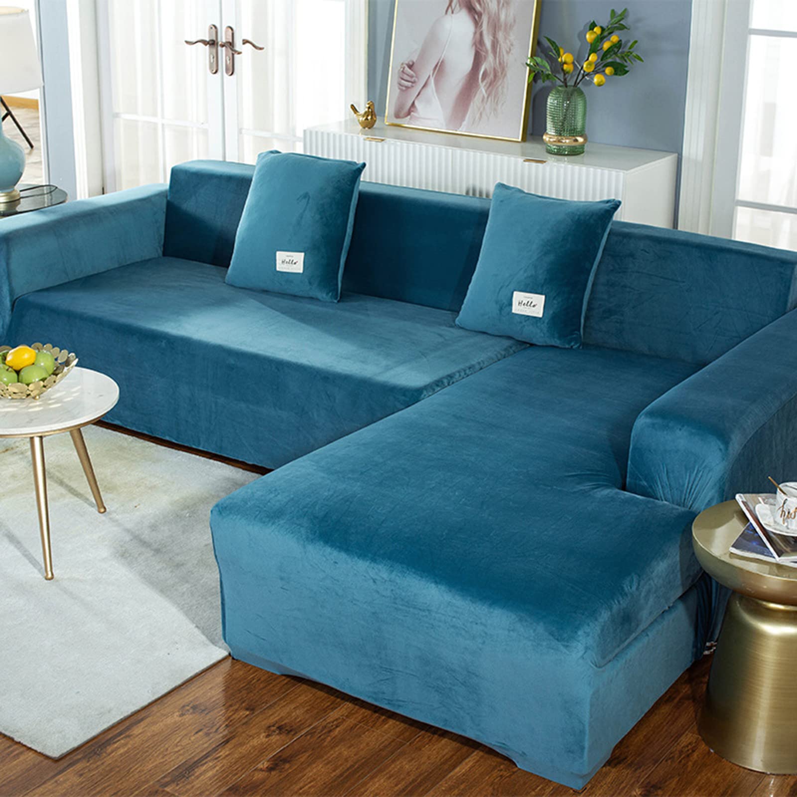 Housse de canapé extensible anti tache pour protéger deux canapés 3 places bleu