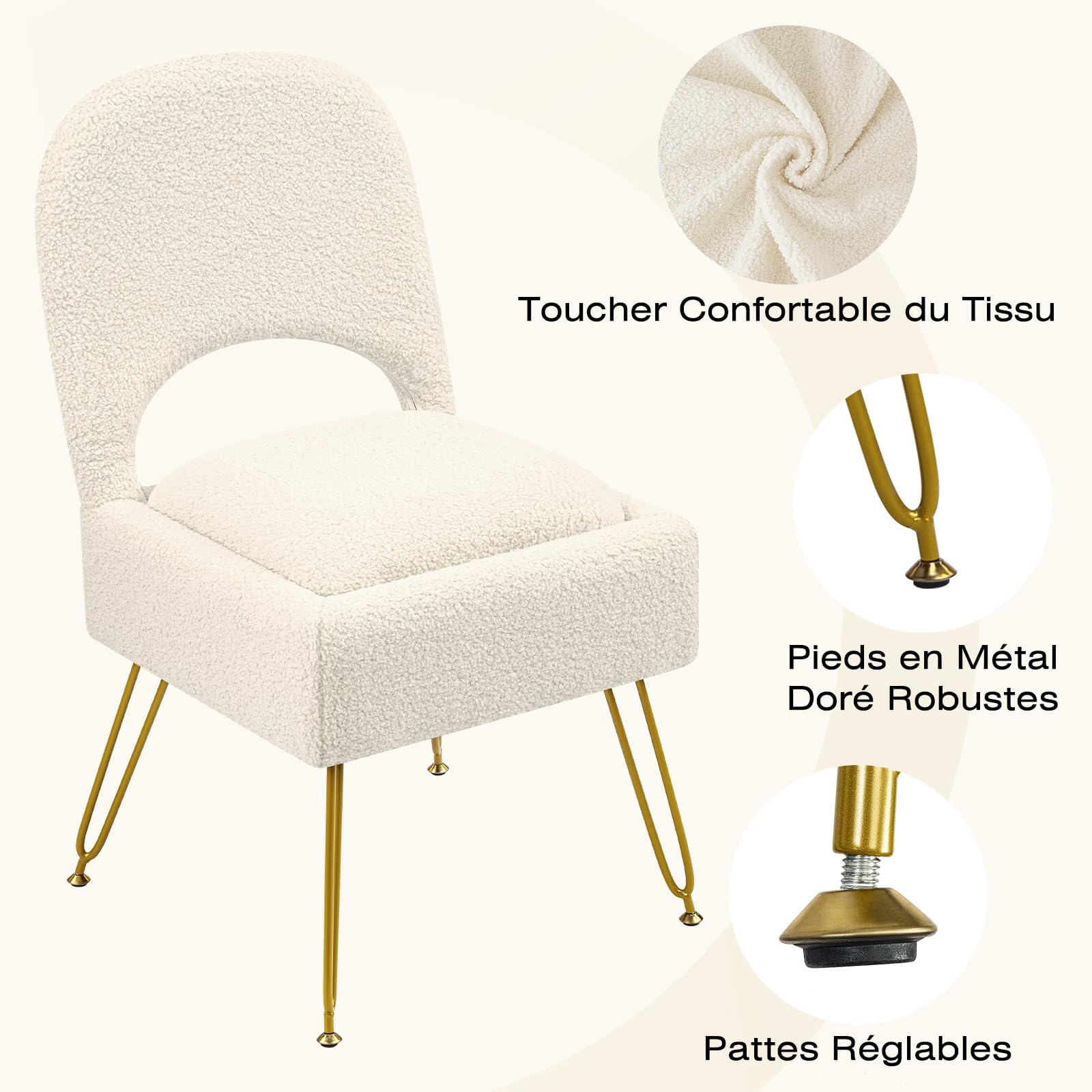 Hellove Tabouret Coiffeuse Sherpa avec Dossier & Rangement – Chaise Coiffeuse à Pieds Dorés, Pouf Rembourré pour Salon, Chambre, Siège 42 cm, Espace de Stockage 11L, Blanche
