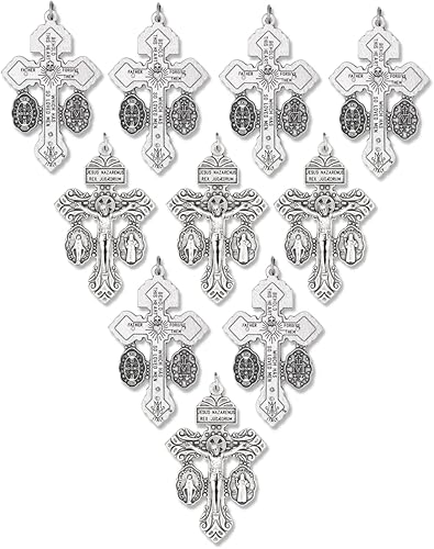 Paquete a granel de 25 Crucifijos de indulgencia de indulgencia de triple amenaza para hacer rosario con medalla de San Benito y medalla milagrosa,