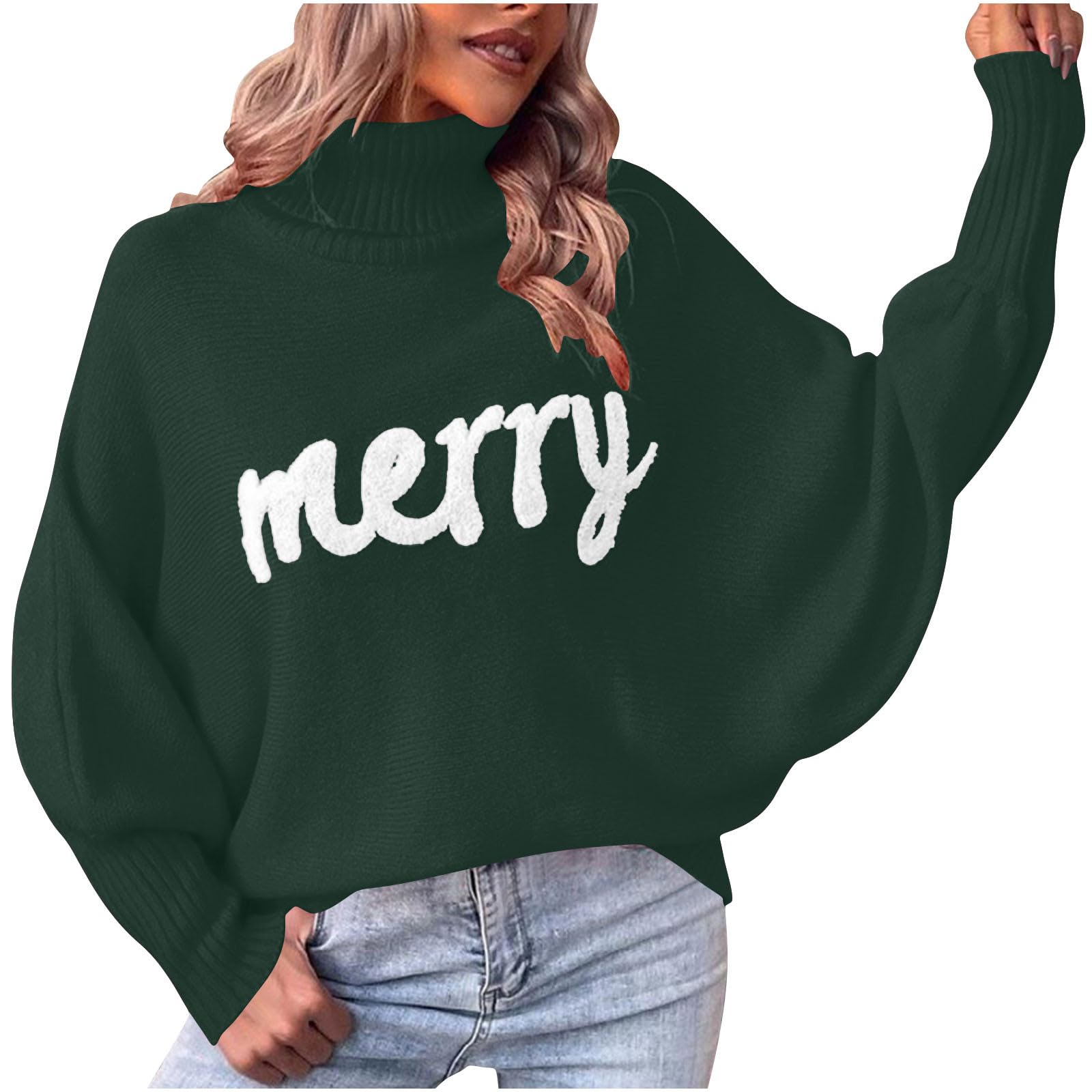 Womens Christmas Turtleneck Sweater Oversized Batwing Sleeve Soft Knit Winter Warm Sweatshirt Casual Loose Tops 2025