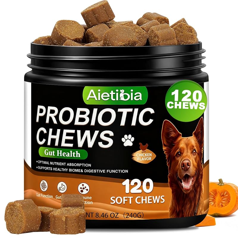 Probióticos mastigáveis para cães com enzimas, abóbora e fibra dietética sabor frango Aietibia – 120 unidades