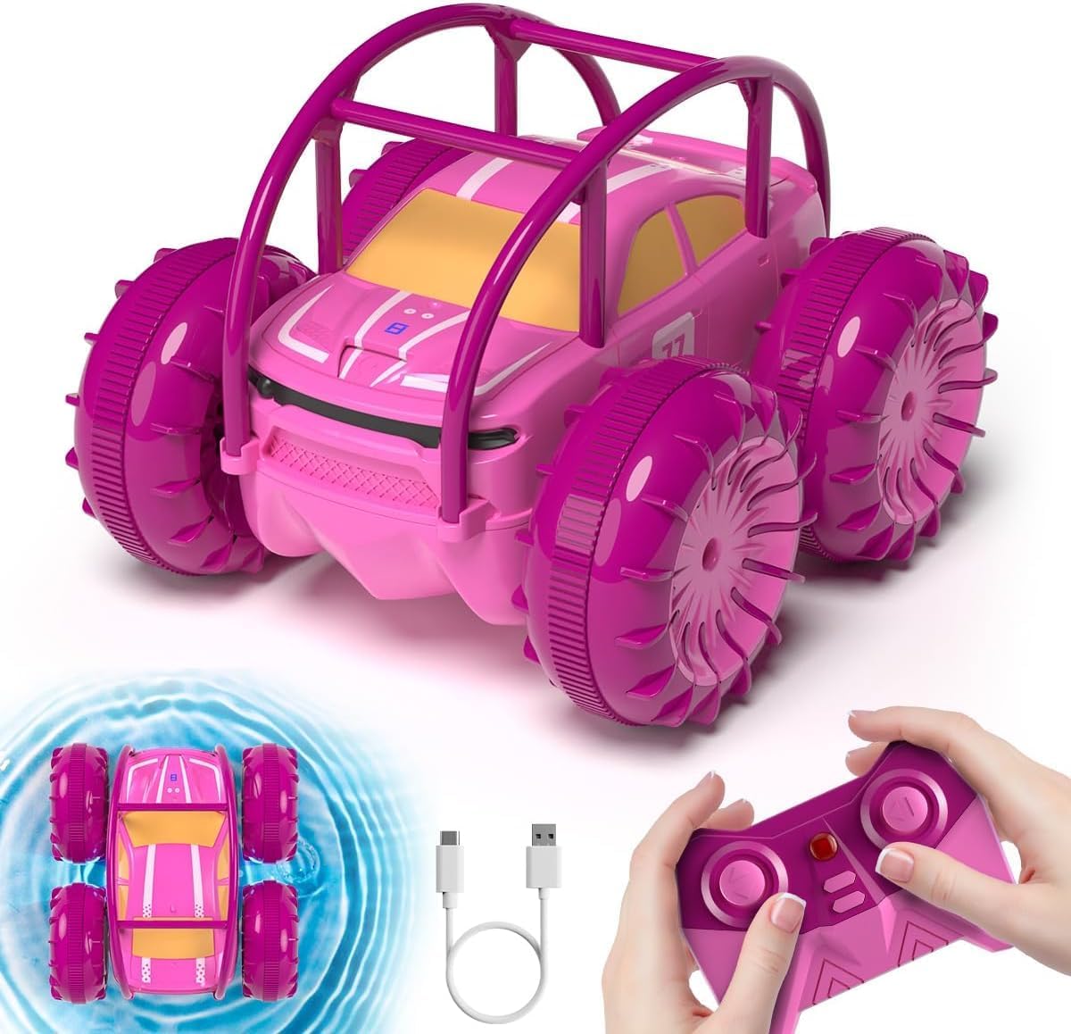 ifollower Ferngesteuertes Auto Amphibienfahrzeug, Type-C Direktladung Monstertruck für Mädchen, 4WD 360° Drehung RC Stunt Car mit Buntem LED-Licht, Pool Strand Spielzeug für Kinder ab 3-8 Jahre