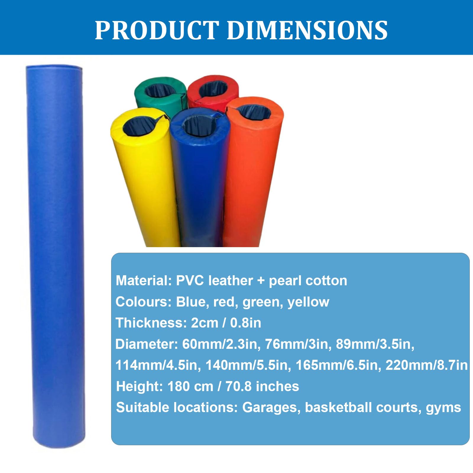 Acolchado protector para aro de baloncesto, 180 cm de alto, fácil de instalar, material de PVC, adecuado para canchas y gimnasios, cubierta de seguridad para postes redondos, almohadilla anticolisión