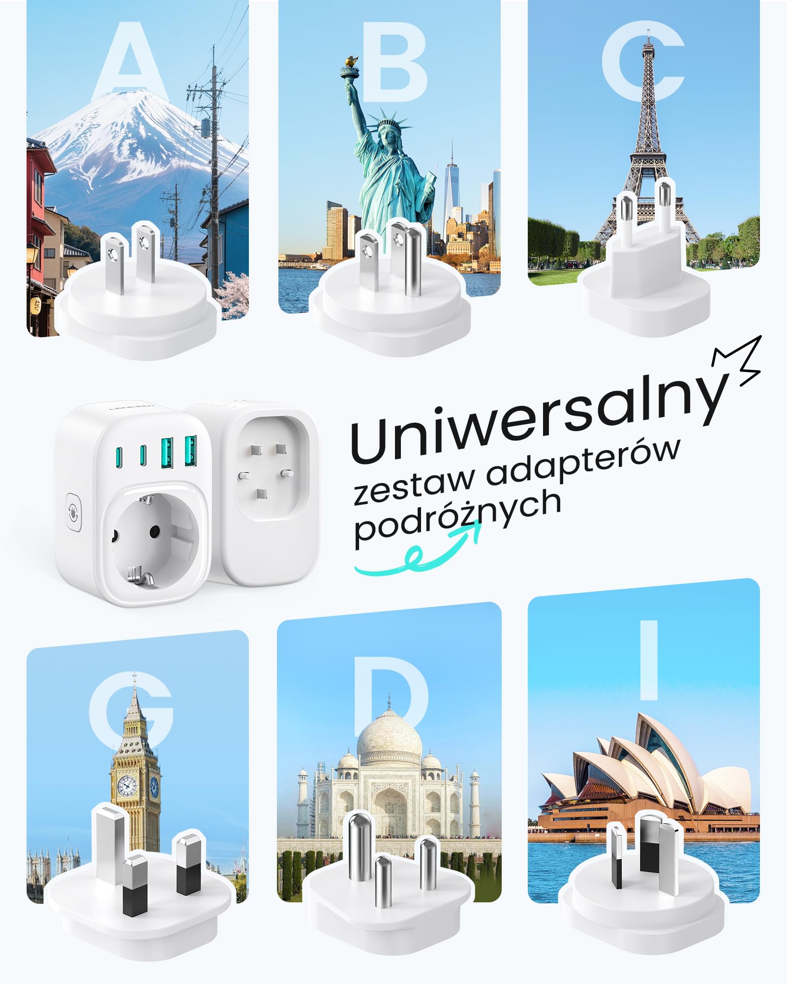 LENCENT Adapter podróżny na całym świecie zestaw typu A, B, C, D, G, I | uniwersalny adapter podróżny do USA, Anglii, Japonii, Kostaryki, Meksyku, Tajlandii, Malediwów, Sri Lanki, Australii