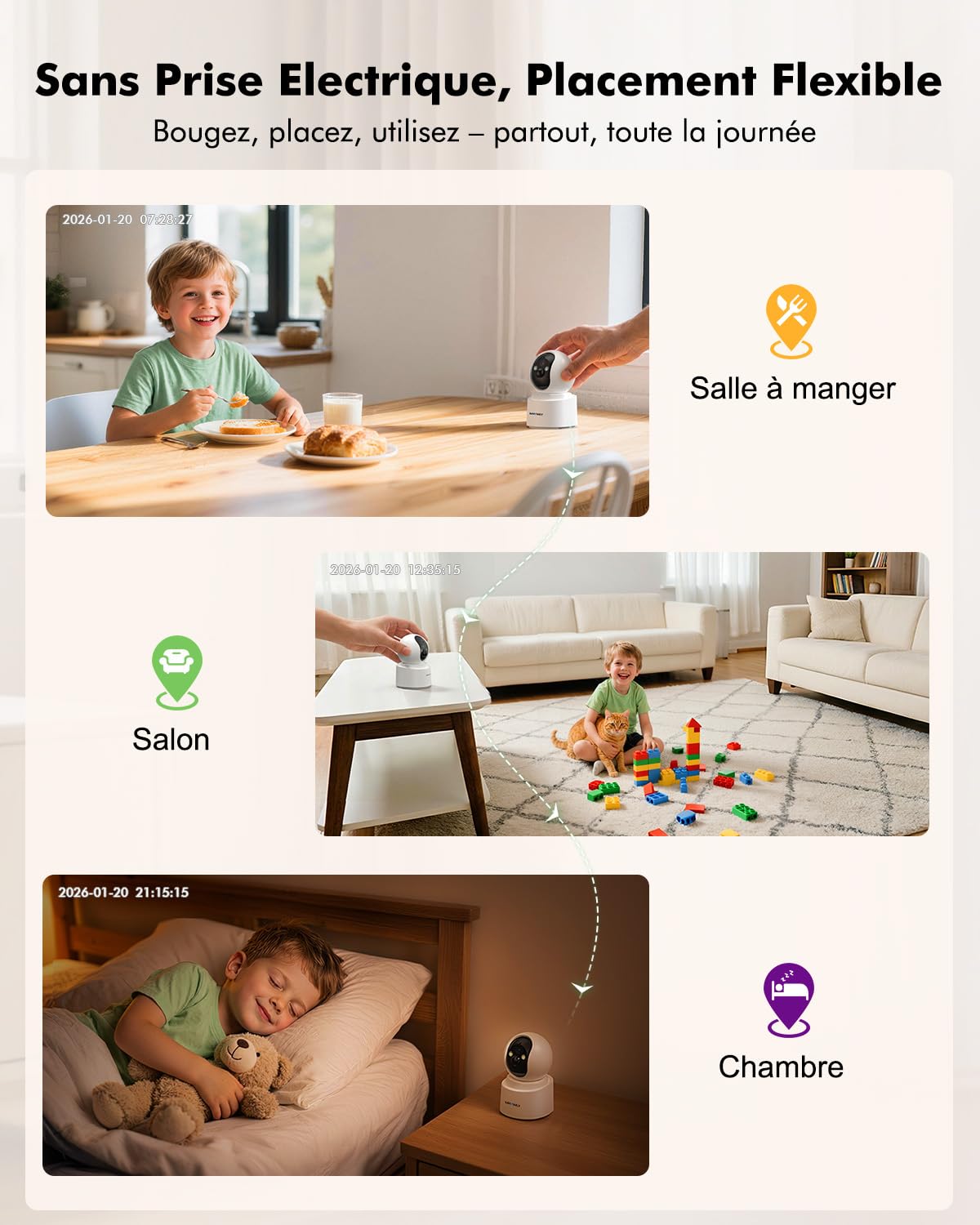 2.5K(4MP) Camera Surveillance WiFi Interieur sans Fil, 360° Caméra Interieur Batterie 6000mAh, 2.4G/5GHz, Vision Nocturne, Détecteur PIR, Audio Bidirectionnel pour Maison, Bébé et Animaux