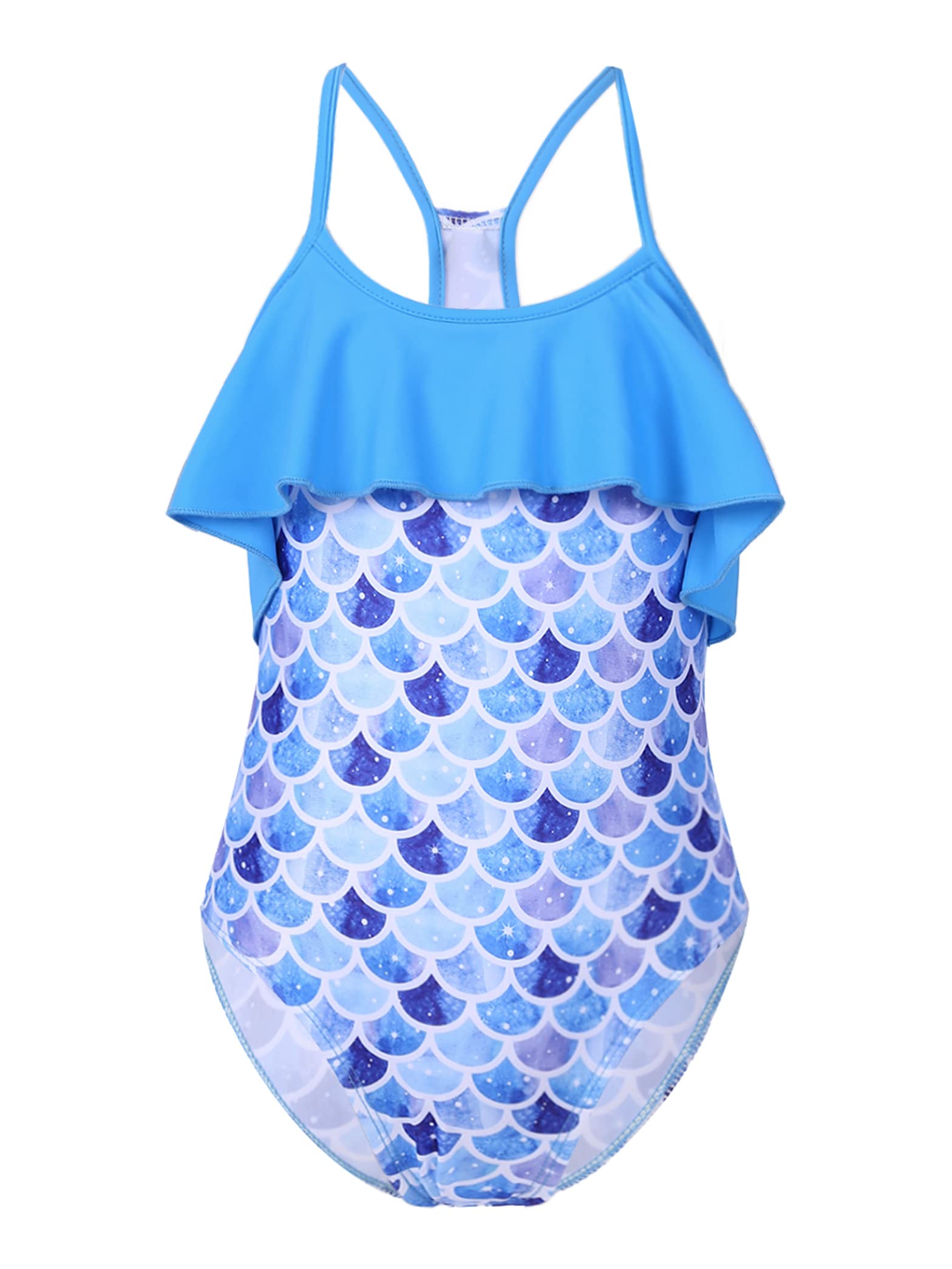 Yihuimin Girls Digital Printed Ruffles One Piece Swimsuit Racer Back Athletic Bodysuit Beachwear Blue 4 Years