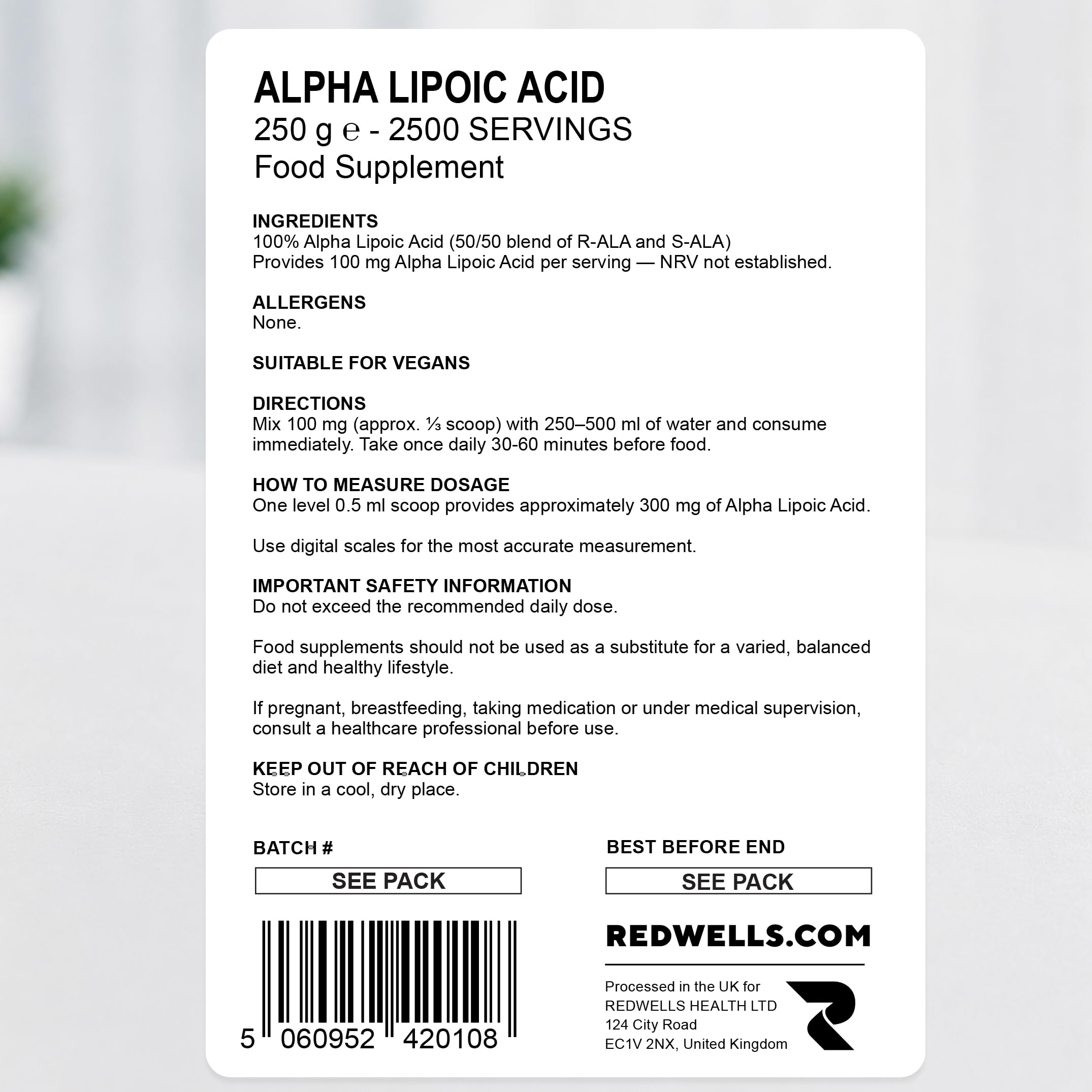 Acide alpha-lipoïque poudre REDWELLS Antioxydant & Vegan - 250g Paquet