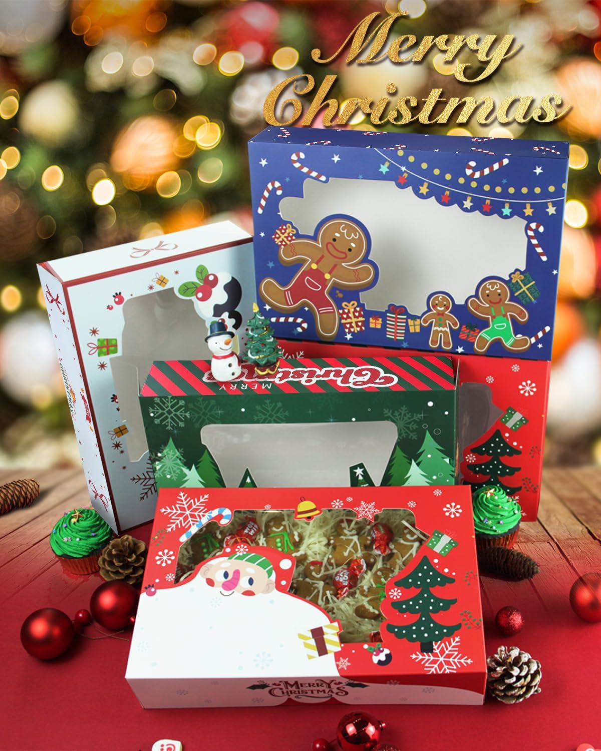 qiqee Scatola per biscotti di Natale con finestra, 30,5 x 20,3 x 6,3 cm, 12 confezioni Auto-pop up Due usi Un secondo pieghevole per pasticceria biscotto scatola da forno per imballaggio