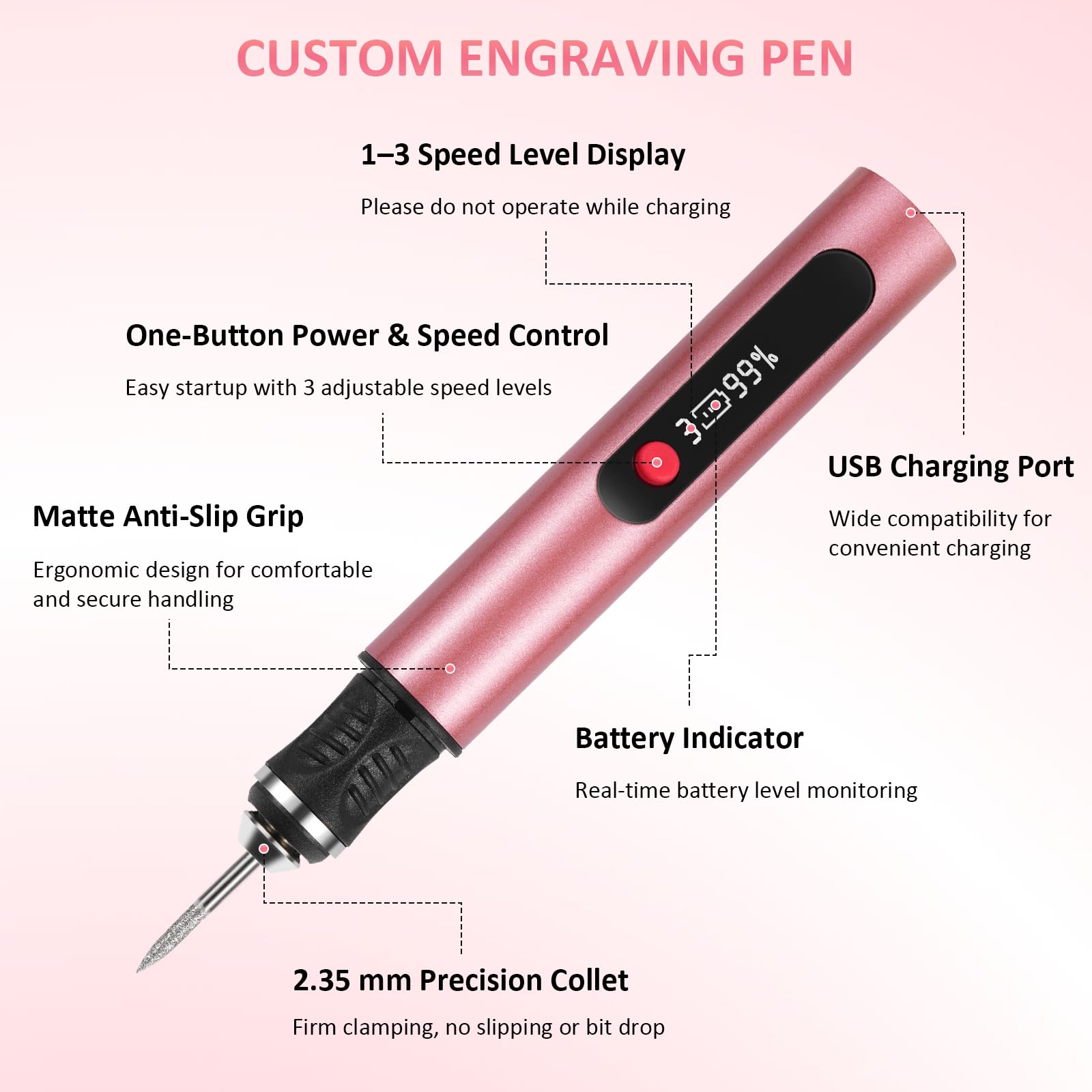 Customizer Kit de stylo de gravure sans fil rechargeable avec 3 vitesses, outil de gravure pour métal, bois, verre, cuir, stylo de gravure portable, rose