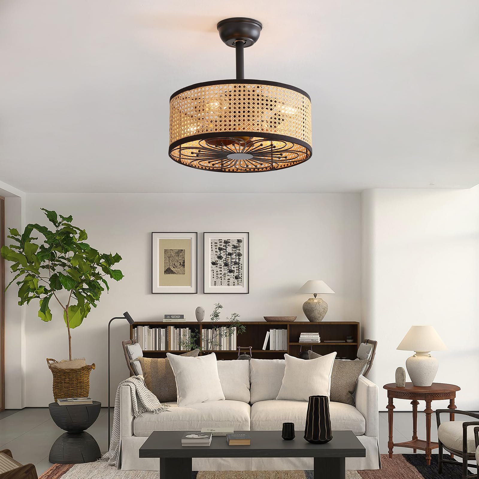 YFouCnd I 50 CM Ventola Da Soffitto Retrò Gabbia Con Luce, 6 Velocità Reversibile E Telecomando, Nero Oro Lampadario Con Ventilatore Da Soffitto E27*5-Lampadina Per Camera Da Letto Cucina,A