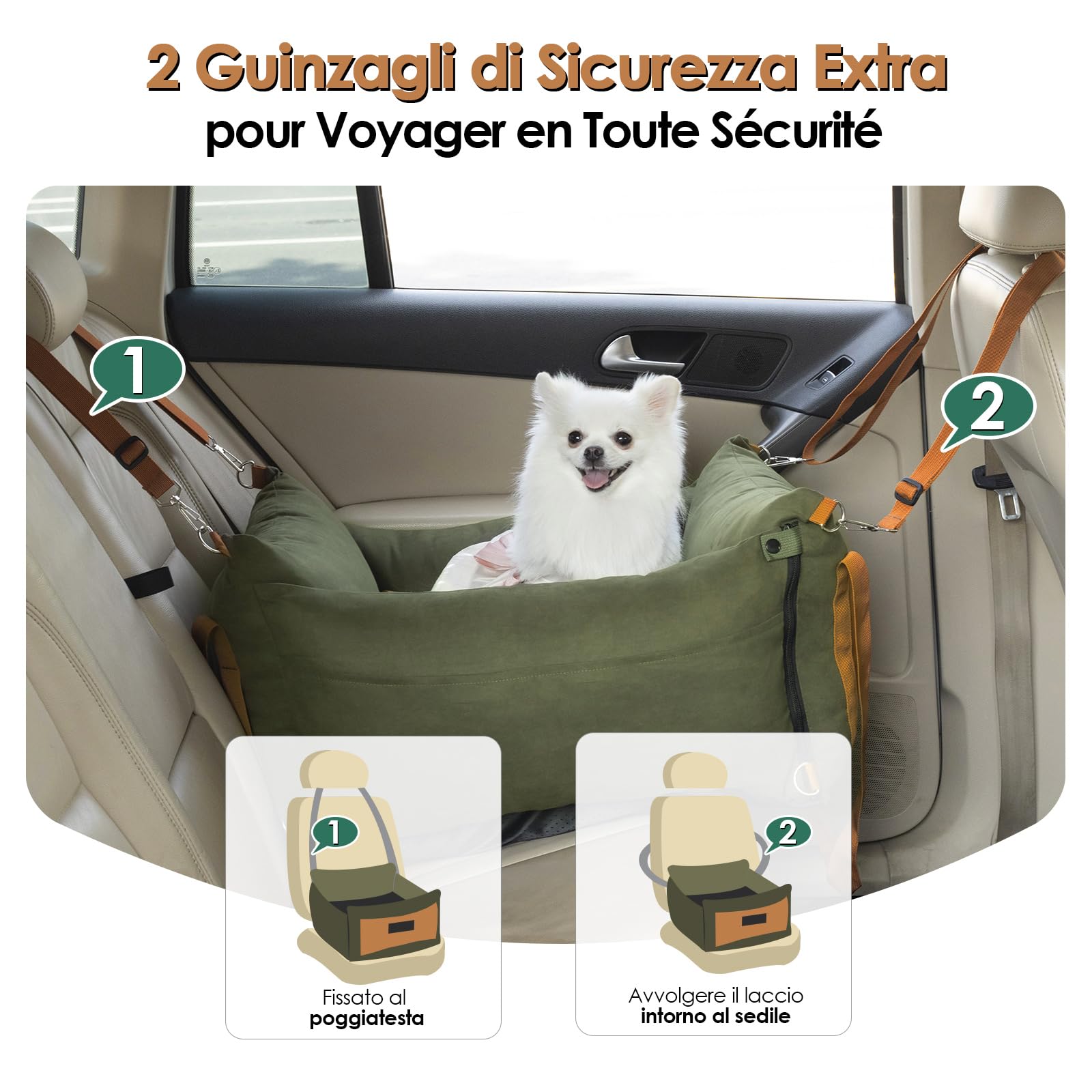 Seggiolino auto per cani di piccola taglia sotto i 15 kg, per cani di piccola taglia con zona di riposo allungabile, rimovibile e lavabile, cuccia per cani con scomparti e cintura di sicurezza