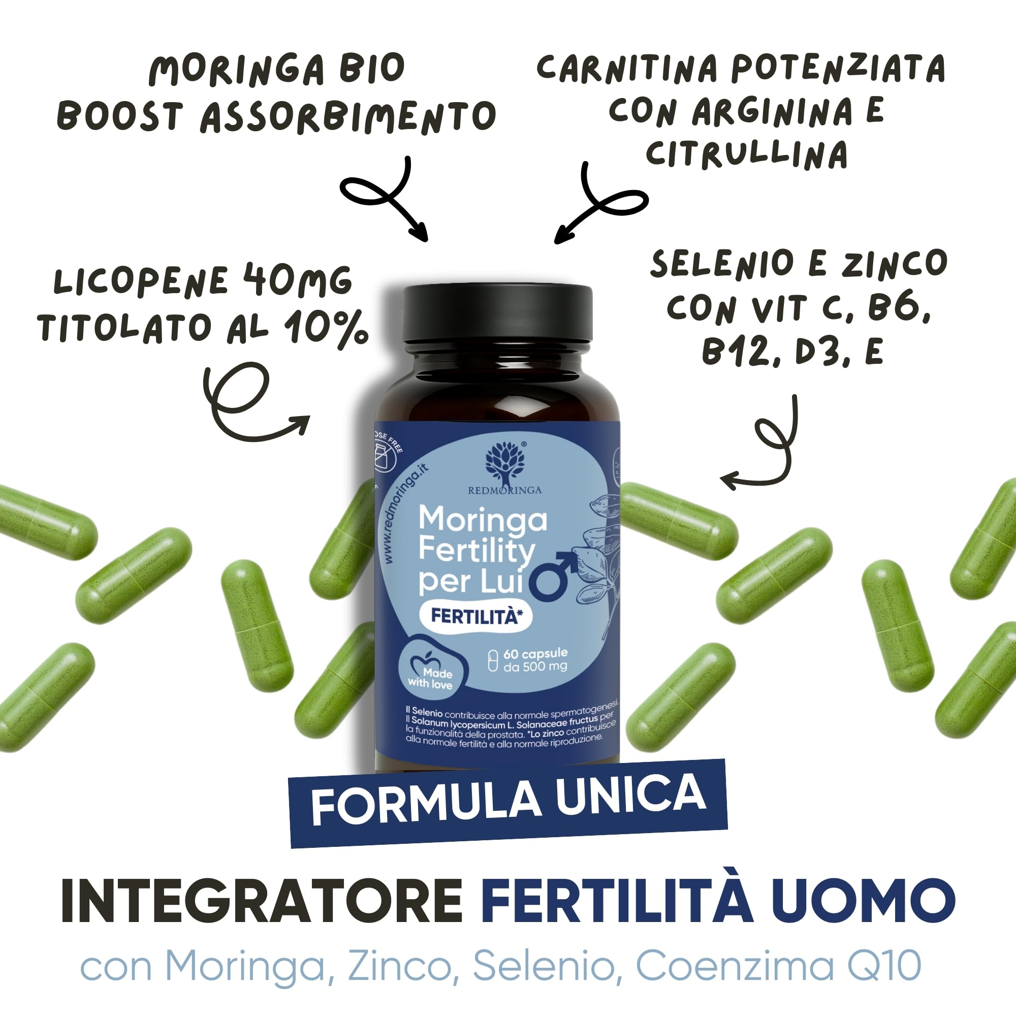 Integratore Fertilità Uomo - Moringa, Licopene Alta Concentrazione, Citrullina, Arginina, l Carnitina, Zinco, Selenio, Coenz Q10 - Supporta Motilità e Vitalità Spermatozoi - 180 Capsule RedMoringa