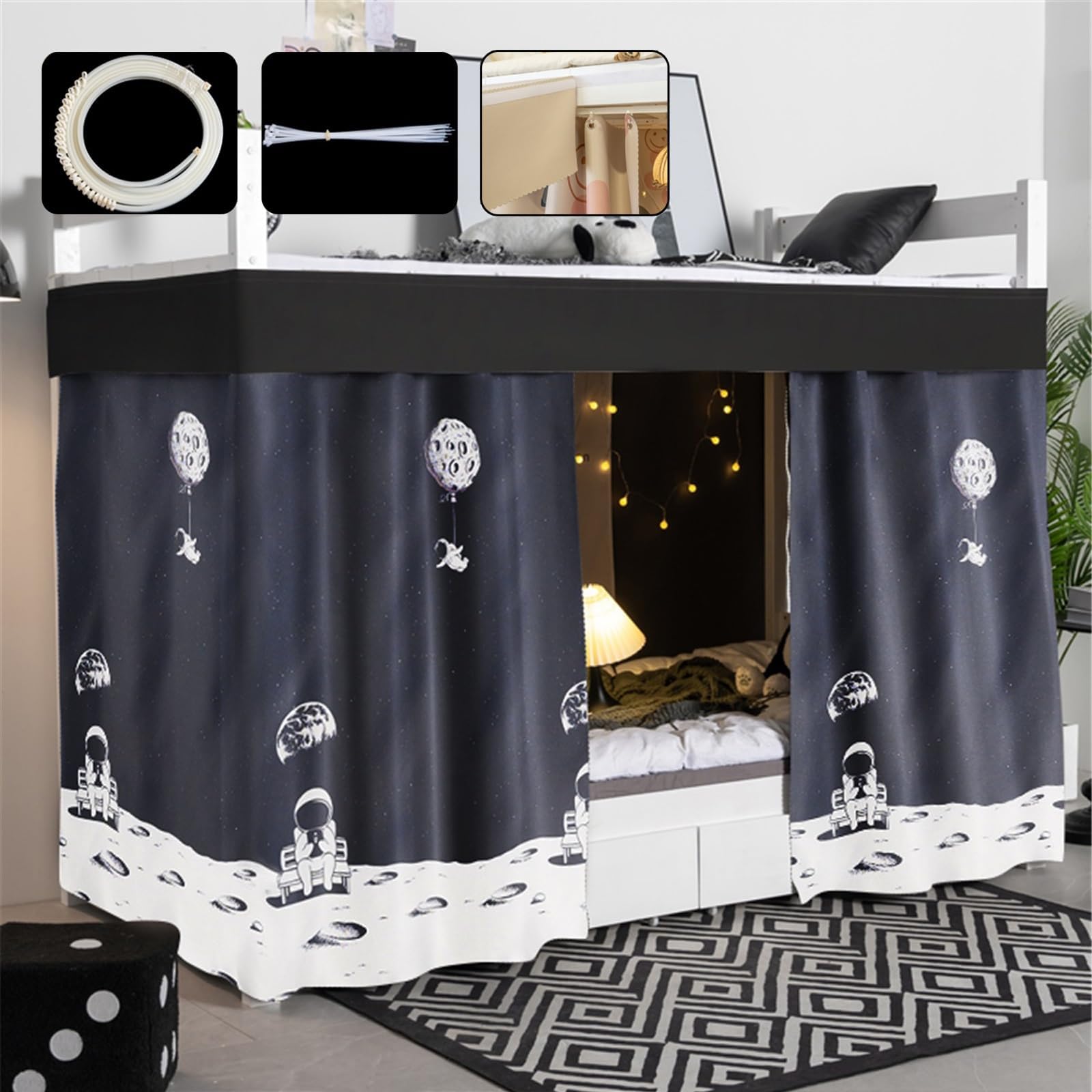 Blackout Bunk Bed Curtains for Bottom with Sliding Rails, Hooks and Ties Loft Bed Curtains Easy to Install Dormitory Unisex(Curtain*2+Side,1.2M_Black E)