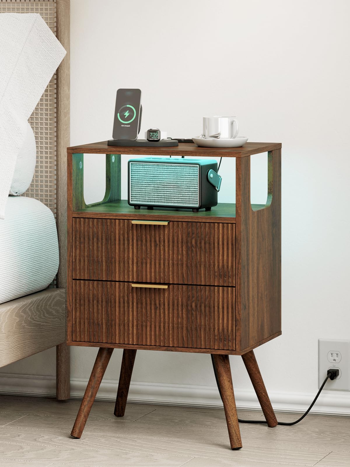 Nightstand with Charging Station and LED Lights Modern Bedside Table with 2 Storage Drawer and Open Wood Shelf