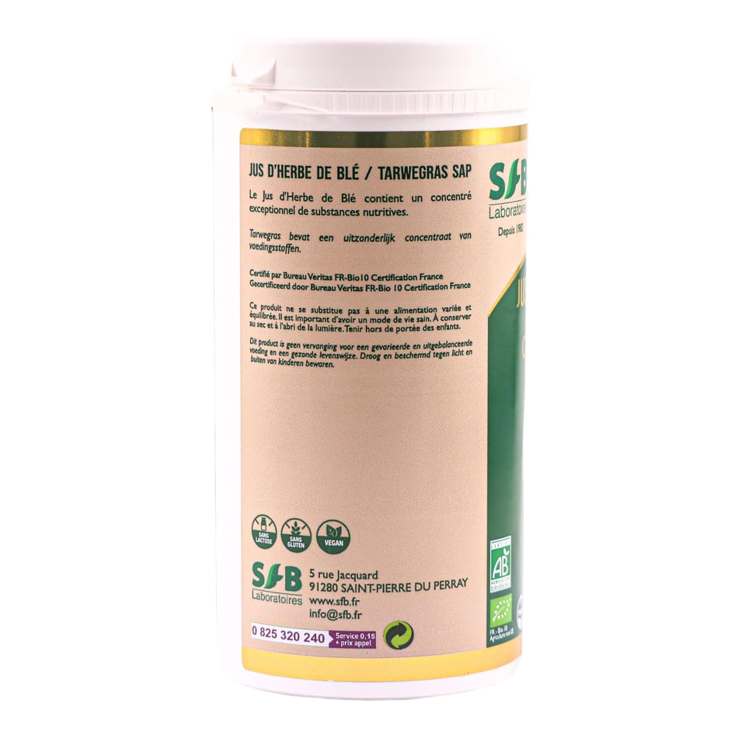 SFB Laboratoires - Jus d'Herbe de Blé Bio 100% Pur en Poudre - Riche en Chlorophylle et Nutriments Essentiels - SuperAliment - Détoxifiant Naturel - Idéal avec Smoothies, Jus, Eau - 150g