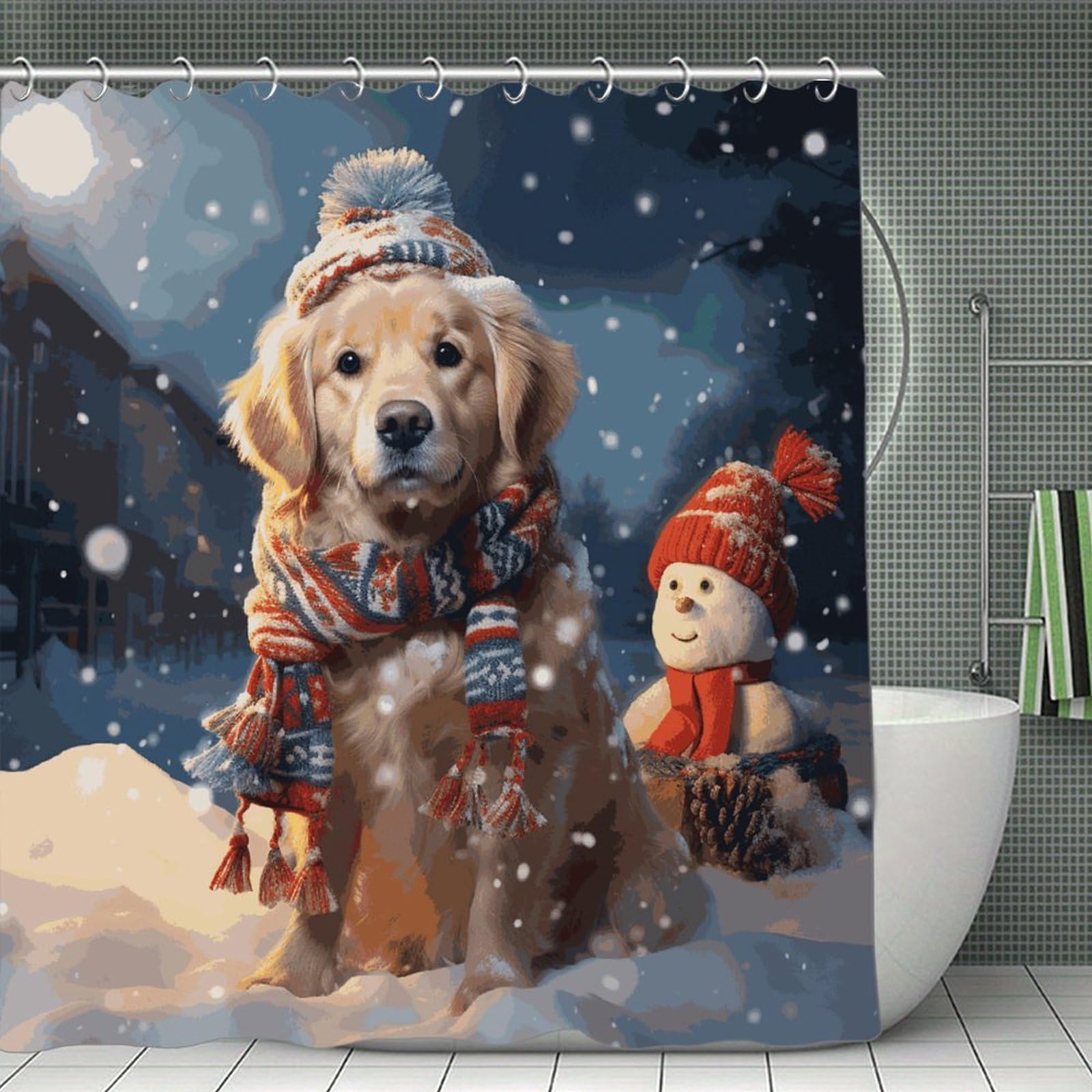 VstaDank Merry Christmas Cute Dog Snowman Shower Curtain Light-Weight Blackout Bathroom Curtain Washable Shower Liner 71x71 Inch Bath Curtain with Metal Holes Bathtub Bath Room