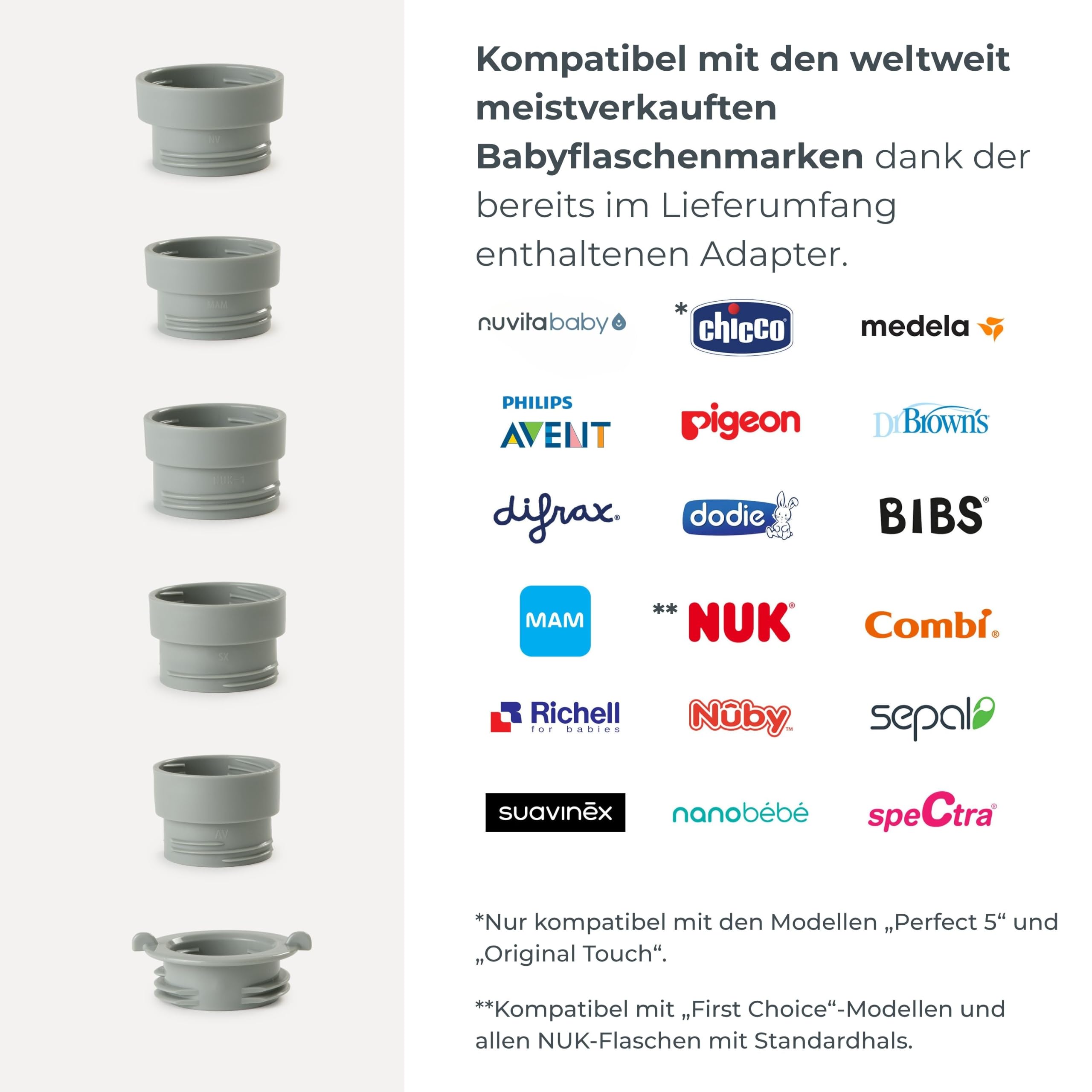 Nuvita 1164 Mix70 Tragbarer Flaschenwärmer mit Mischfunktion, 5 Temperaturen bis 70°C, Universal mit 6 Adaptern inklusive, Wiederaufladbarer Akku, LED-Display, BPA-frei