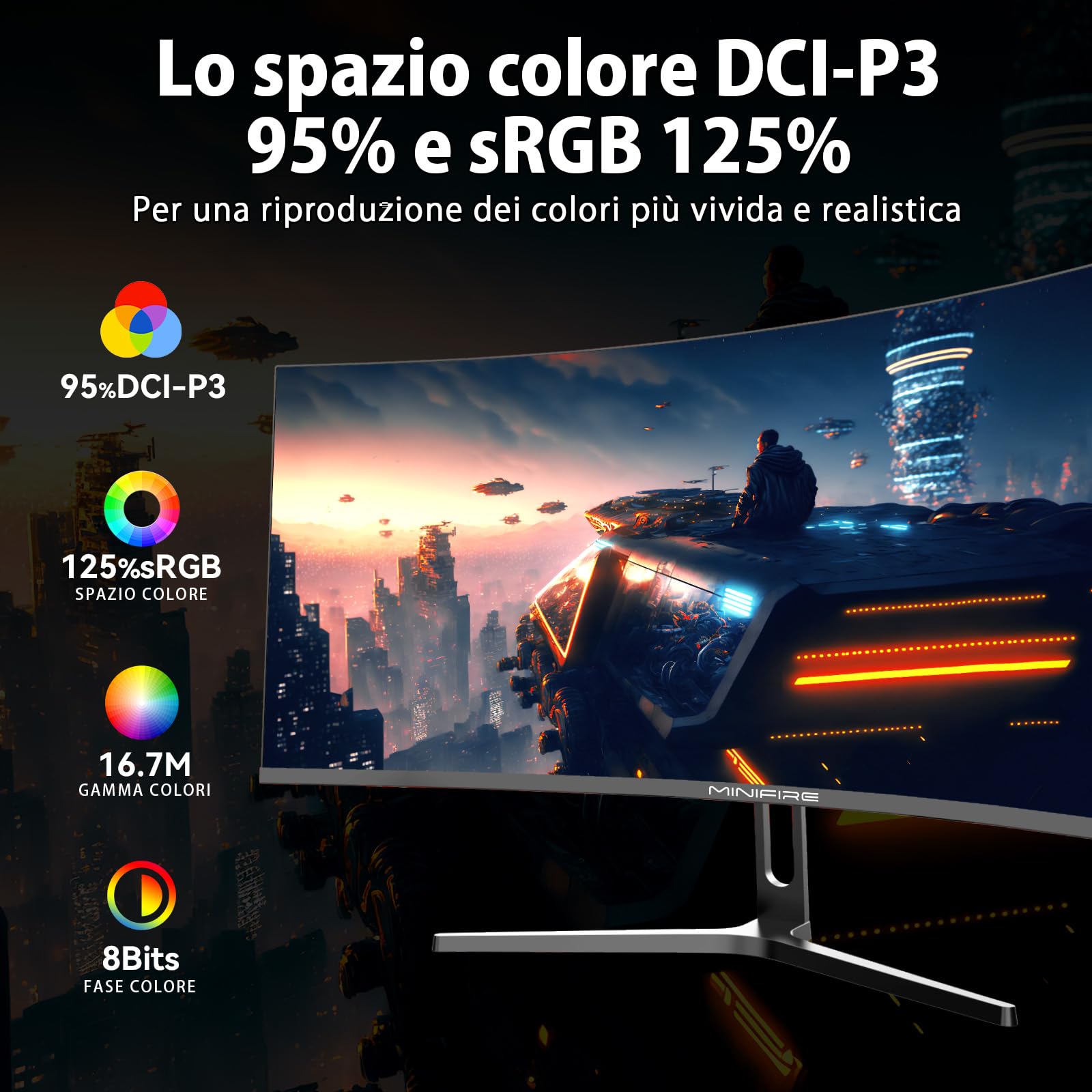 Minifire Monitor Gaming 32 pollici Curvo, PC Monitors Ultrawide WQHD(2560 x 1440), 180Hz, 1Ms, VA (1500R), UltraLarge, 2xHDMI 2.1 (144HZ), DP 1.2 (180Hz), AdaptiveSync, sRGB125%, DCI-P3 90%, Eye Care