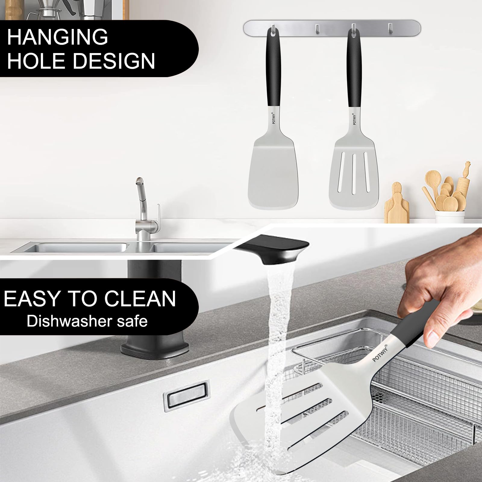 Juego de espátulas anchas de acero inoxidable, espátula sólida y ranurada con mango de silicona, espátulas de metal para uso en cocina, sartén de hierro fundido y espátula para plancha,