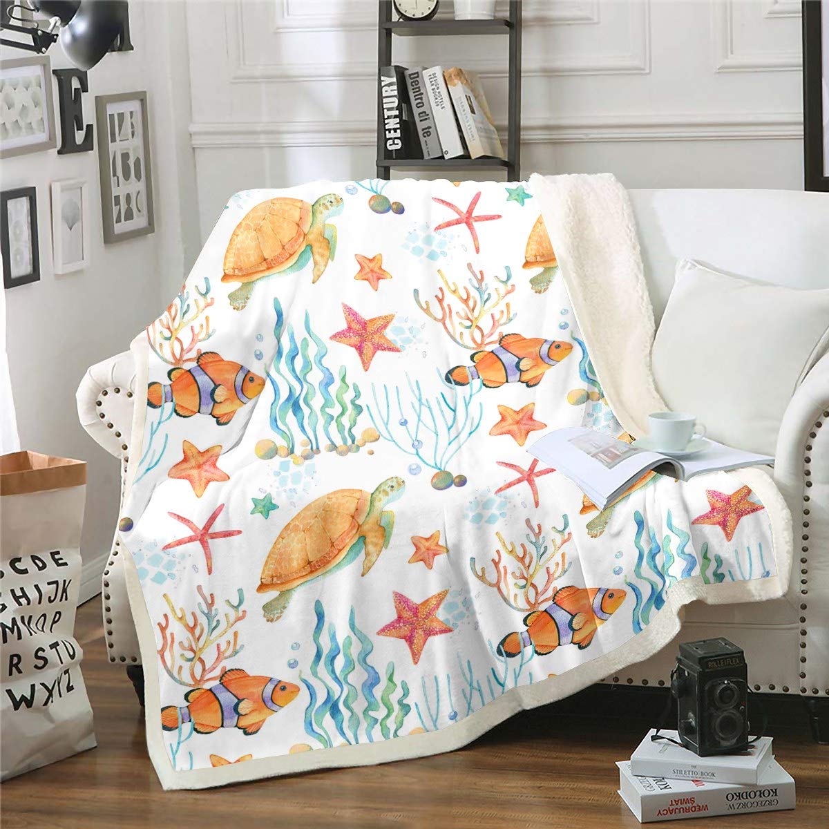 Sea Life Fleece Throw Blanket Ocean Cartoon Turtle Starfish Printed Sherpa Blanket for Kids Boys Girls Underwater Animal Plush Blanket Nature Fuzzy Blanket for Sofa Bed Couch,Double 60x79 Inch — image 1
