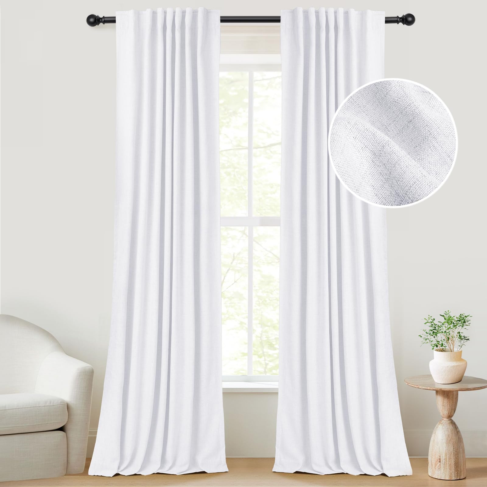 INOVADAY 100% Blackout Curtains for Bedroom, Thermal Insulated Linen Blackout Curtains 84 Inch Length 2 Panels Set, Back Tab/Rod Pocket Room Darkening Curtains for Bedroom - Bright White W50”x L84”