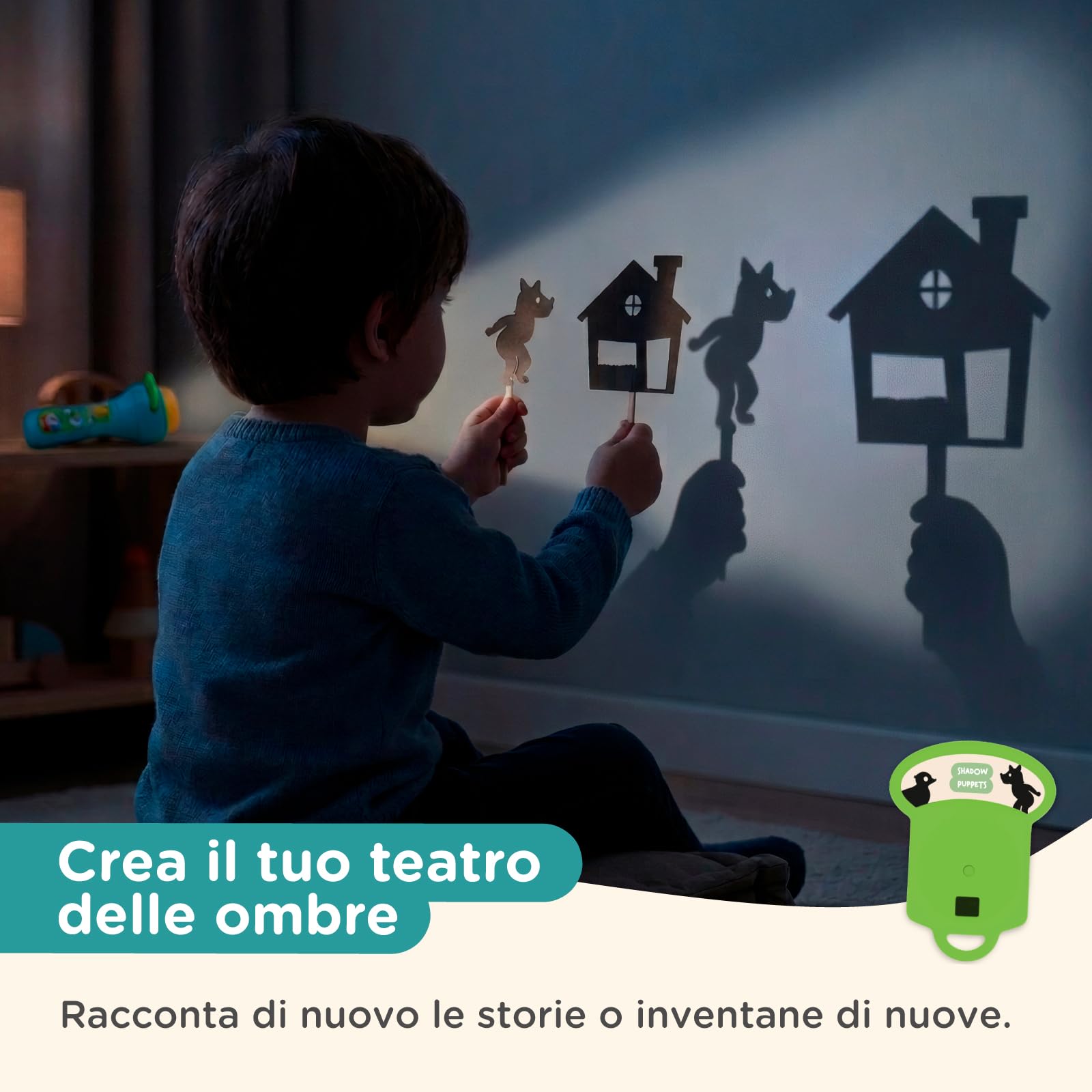 Nene Toys Libro di Fiabe con Proiettore a Torcia & Marionette delle Ombre per Bambini dai 3 Anni in su – 4 Storie Classiche in 5 Lingue, Set per la Lettura della Buonanotte