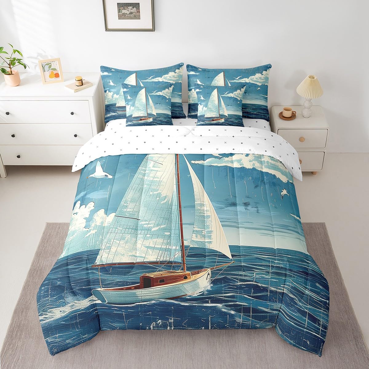 Feelyou Kids Ocean Bed in A Bag Twin Size, Nautical 7 Pieces Bedding Sets Boys Girls Sailboat Printed Comforter Set with Sheets Sea Coastal Teens Bed