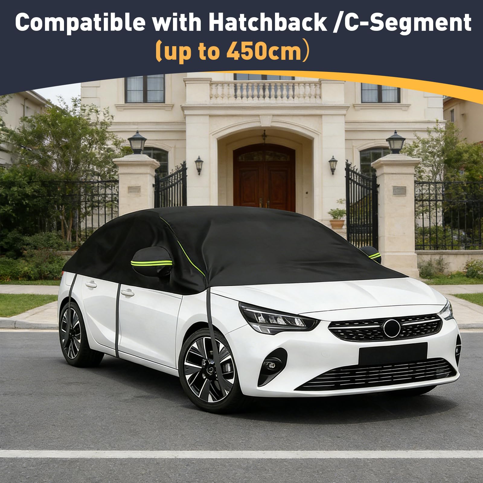 Halbe Autoabdeckung Ersatz Passend für Opel Corsa D Renault Clio VW Golf VW Polo, Universelle Sonnenfest Hälfte Halbgarage, Wasserdicht Auto Halbgarage, UV-Beständige Regen Sonne Staub Schutz