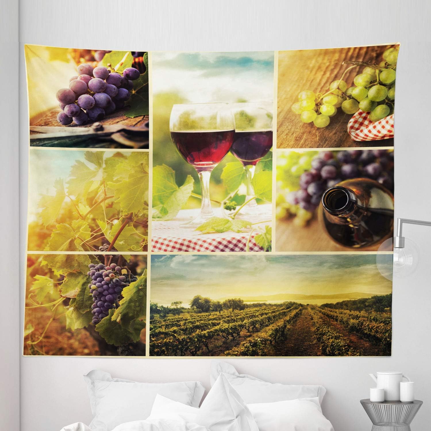 Lunarable Rustic Tapestry Twin Size, Rustic Style Collage of Wine Glass Grapes and Vineyard Qualified Harvest Village, Wall Hanging Bedspread Bed Cover Wall Decor, 68" X 88", Green Red