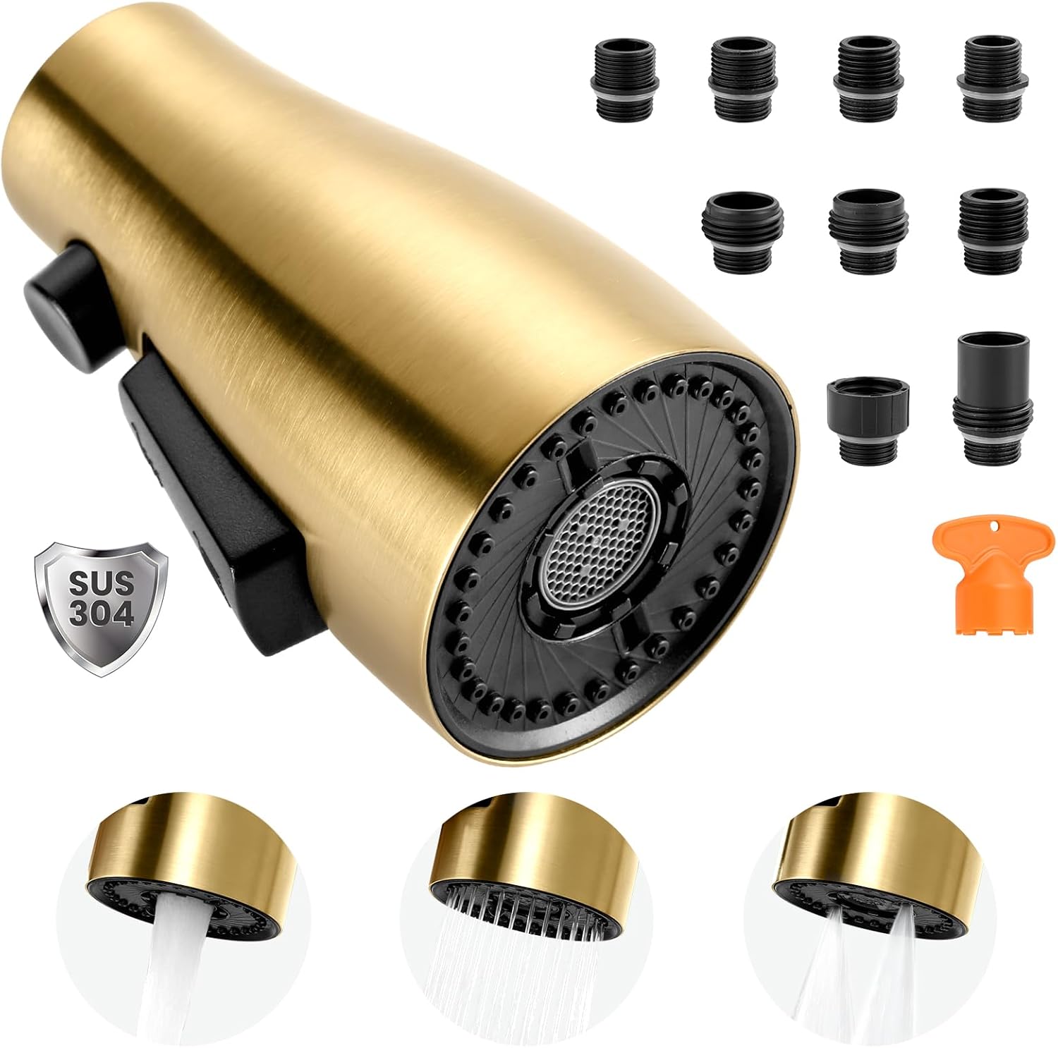 Metal Kitchen Faucet Head Replacement: 3-Function Pull Down Spray Nozzle with 9 Adapters, Sink Sprayer Replacement Compatible with Moen, Delta, Kohler, American Standard Faucets, Brushed Gold
