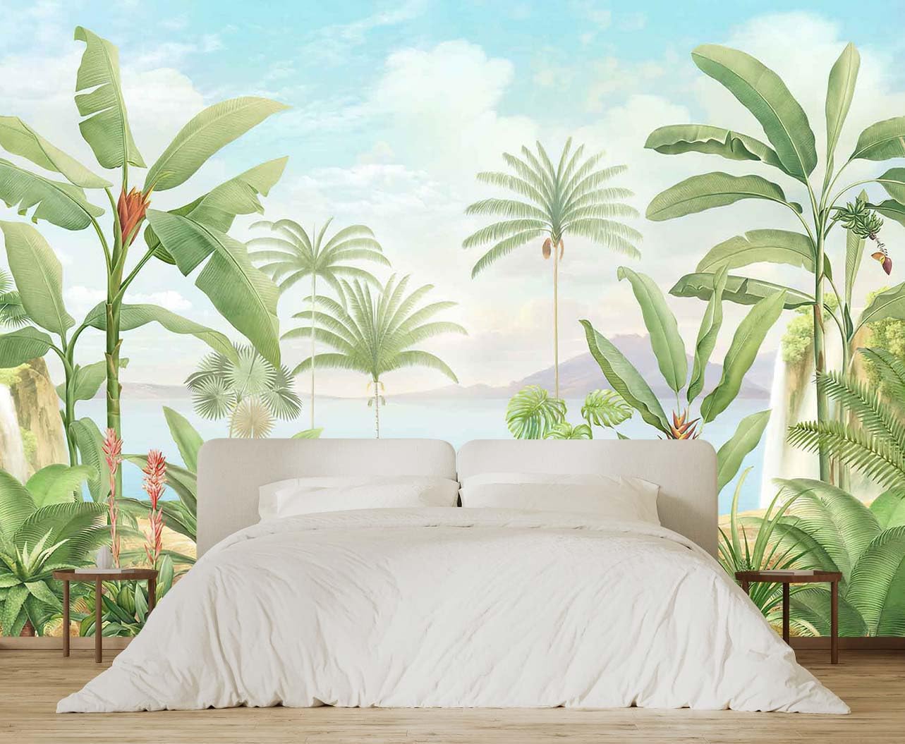 Green Banana Leaf Wallpaper Tropical Botanical Monstera Leaves Sea Mountain Cloud Wall Mural for Bedroom Livingroom (Not Self-Adhesive) Mural-0050 127" x 96"