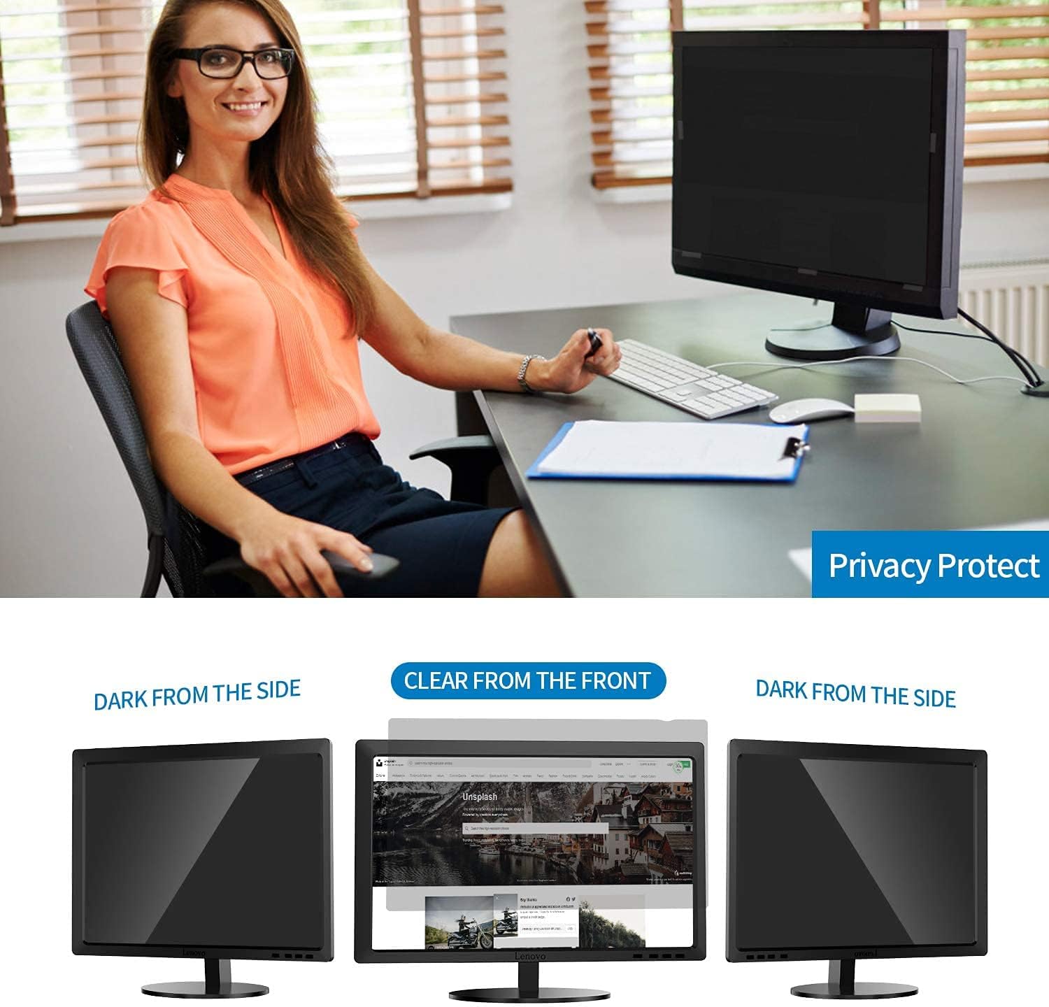 YAKAI 24 Inch Computer Privacy Screen Filter for 24" 16:9 Aspect Ratio Widescreen Computer Monitor - Anti Glare Anti Spy Protector Film - Size (WxH): 532mmx299mm