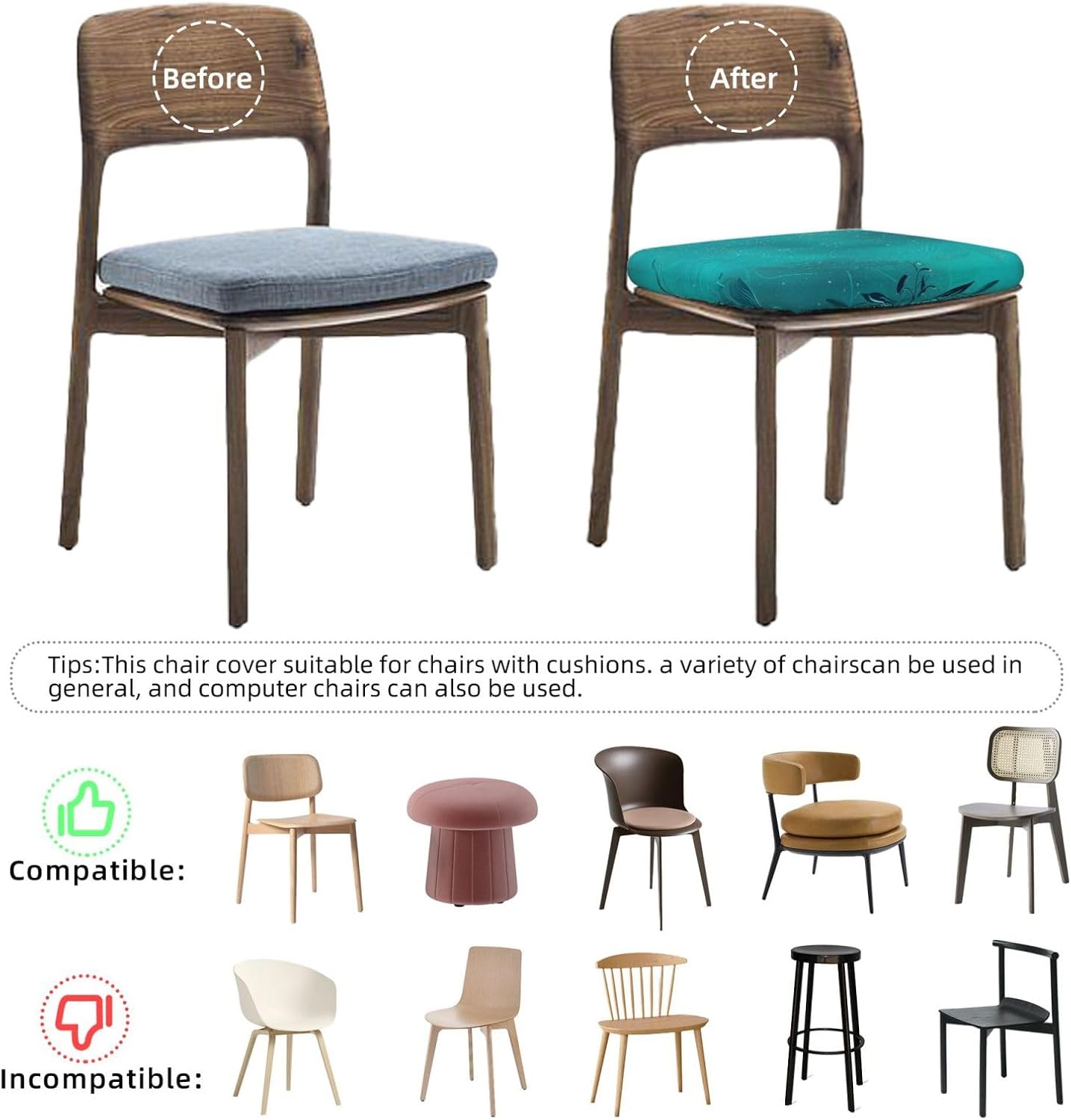 Teal Blue Print Square Cushion Covers 6 Pcs Set Elastic Non-Slip Seat Cushion Slipcovers Pet Furniture Protectors for Chair, Sofa