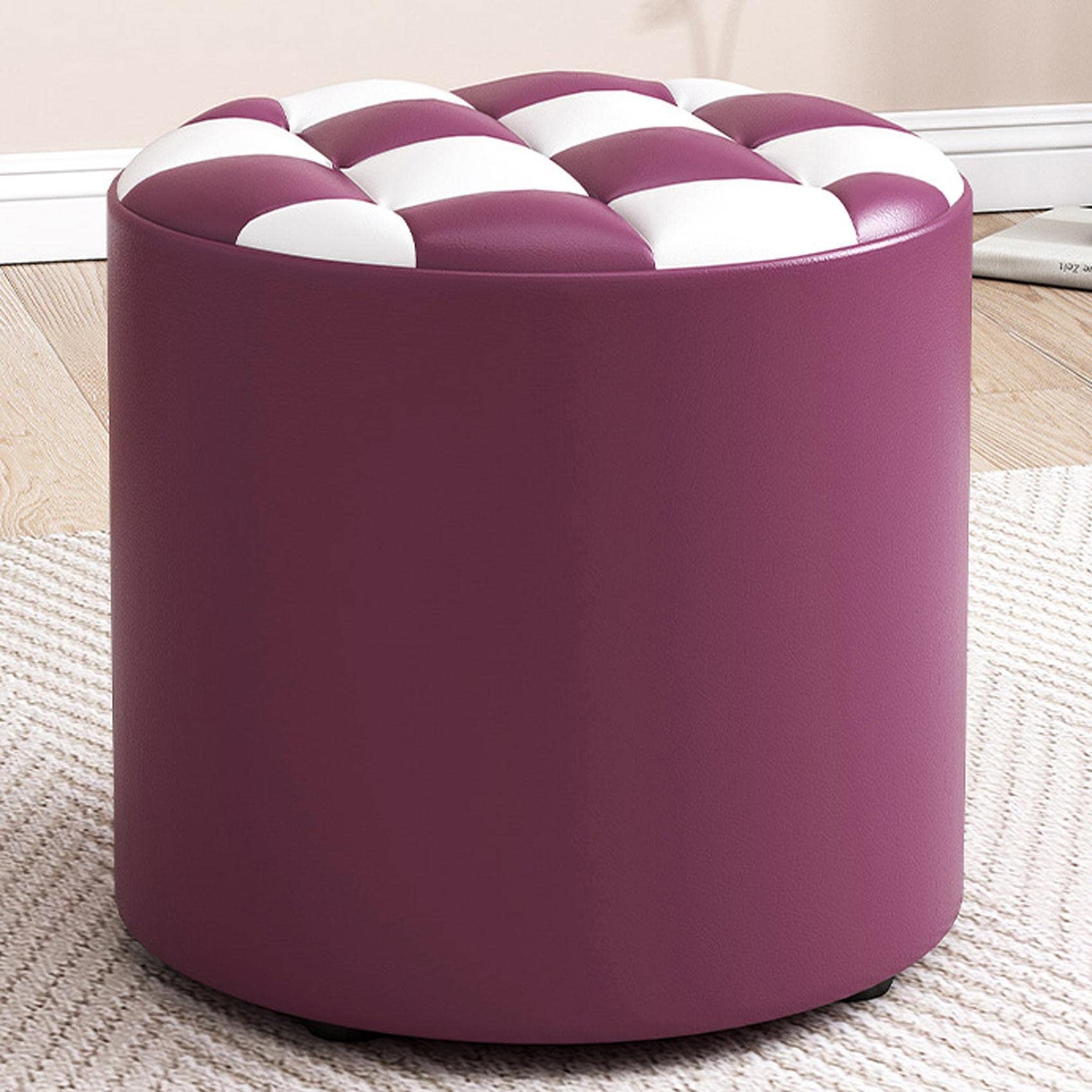 LMMIAOZ Round Leather Footstool for Living Room and Bedroom Purple and White 31x28cm