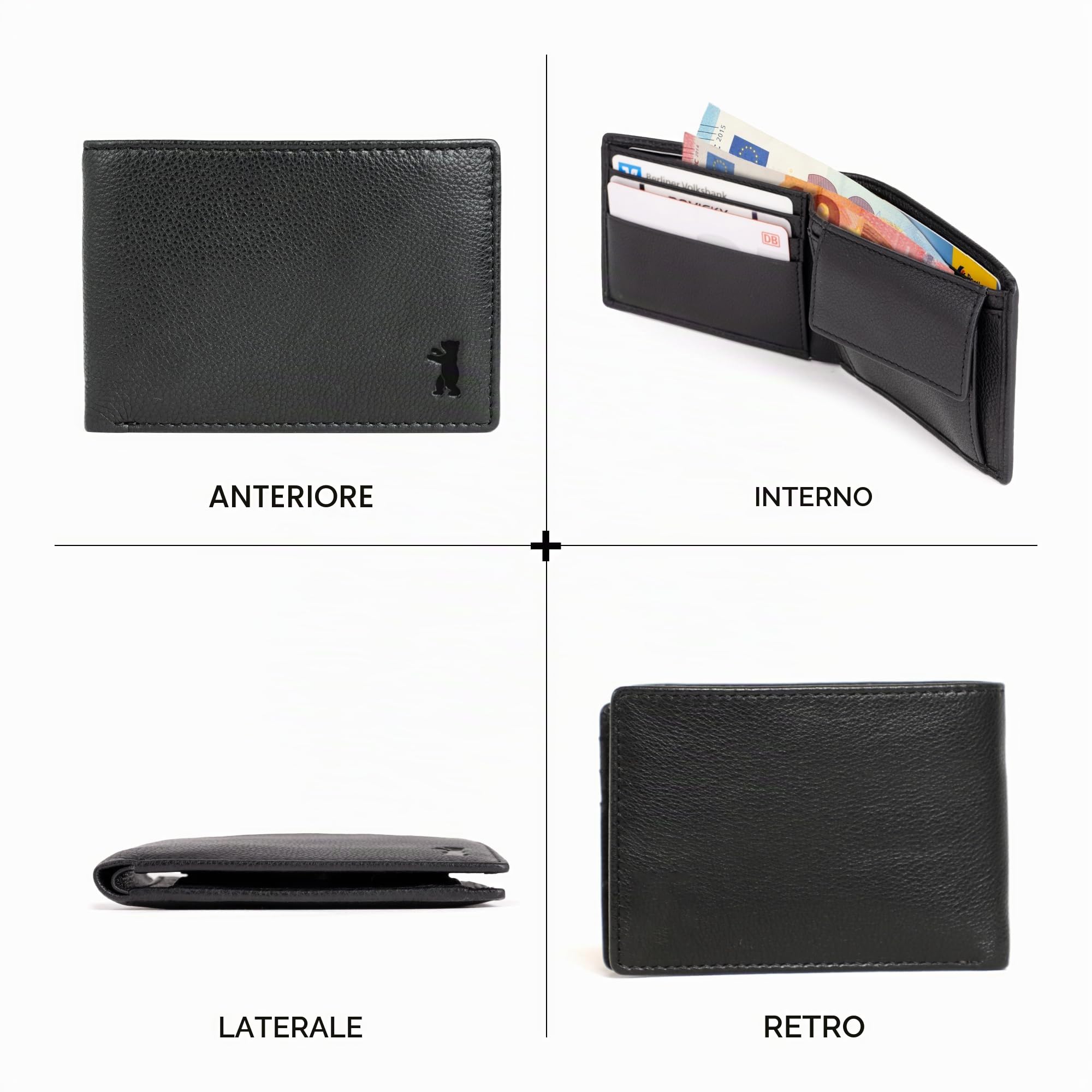 Berliner Bags Portafoglio Uomo Pelle Kees, Slim Compatto Bifold con Portamonete, Porta Carte e Protezione RFID – Nero