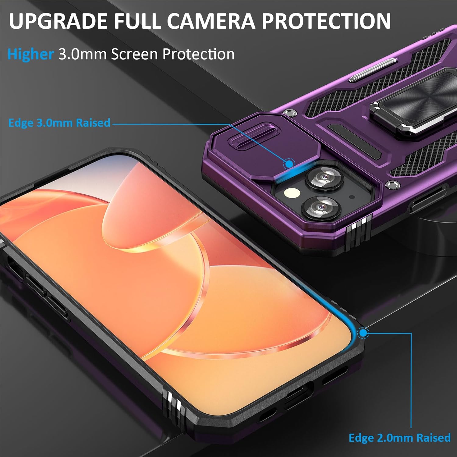 Case for iPhone 15 Phone Case with Camera Lens Cover, with Ring Holder Kickstand, fit Magnetic Car Mount, for iPhone 15 (Purple) - Image 3